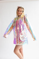 Woman wearing iridescent holographic jacket