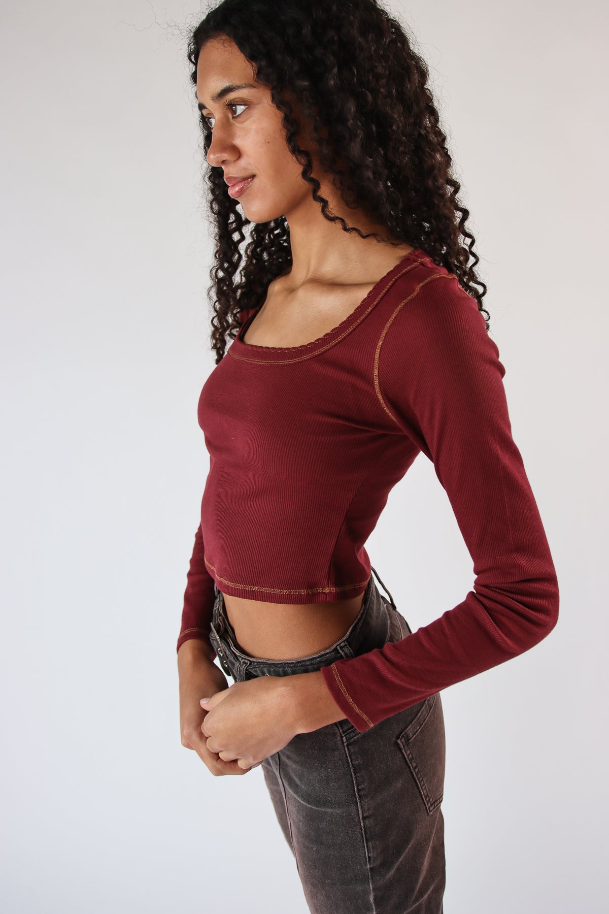 Ribbed Contrast Stitch Long Sleeve Top