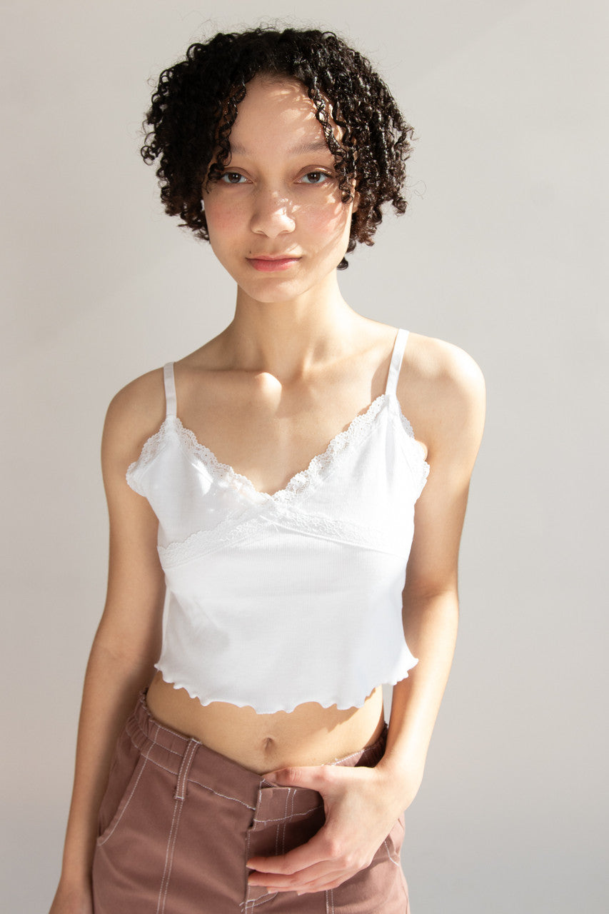 White Lace Trim Ribbed Crop Cami