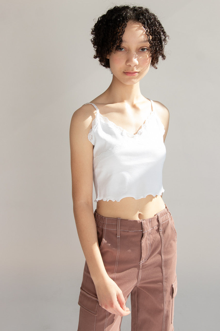 White Lace Trim Ribbed Crop Cami