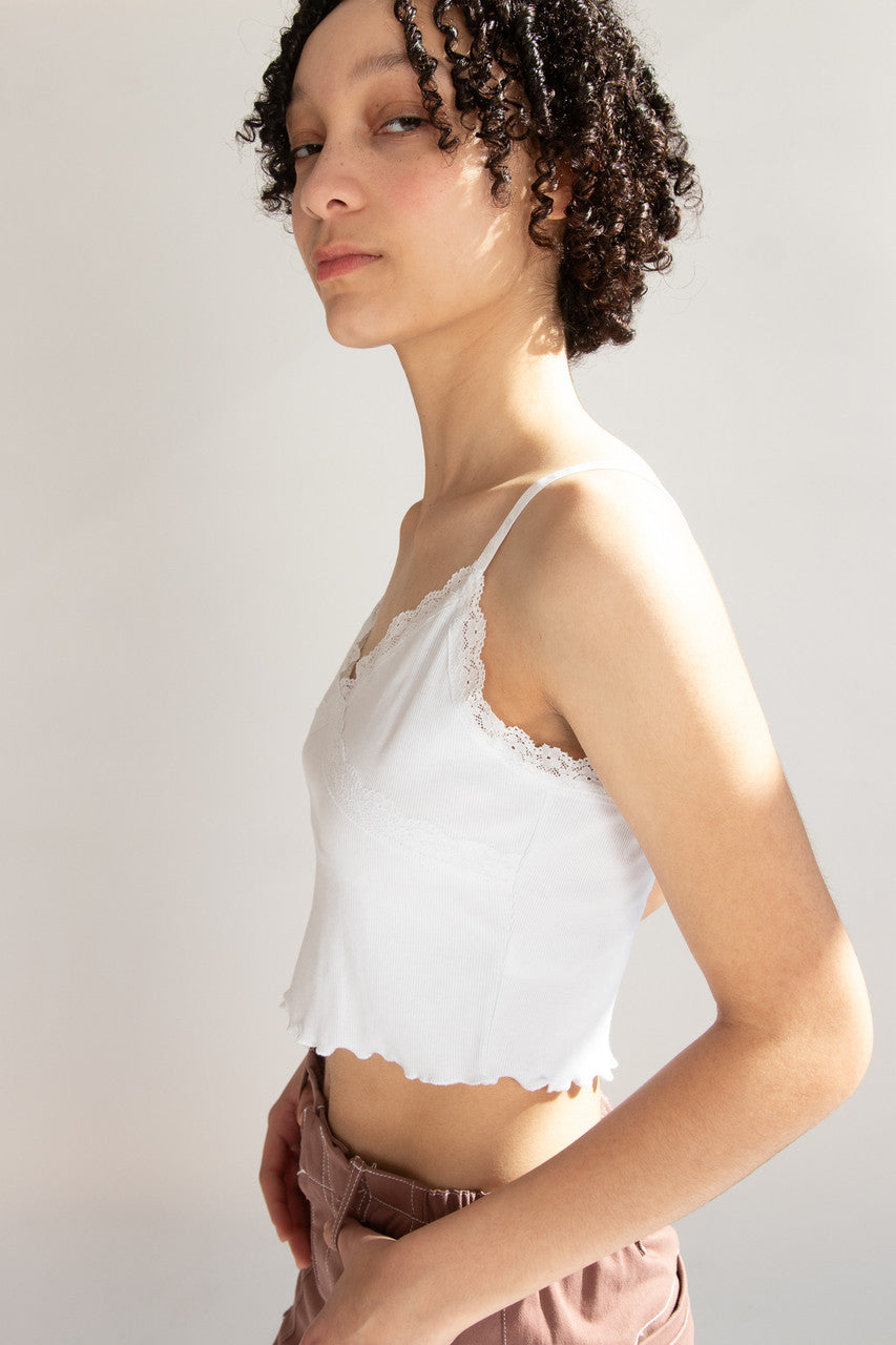 White Lace Trim Ribbed Crop Cami