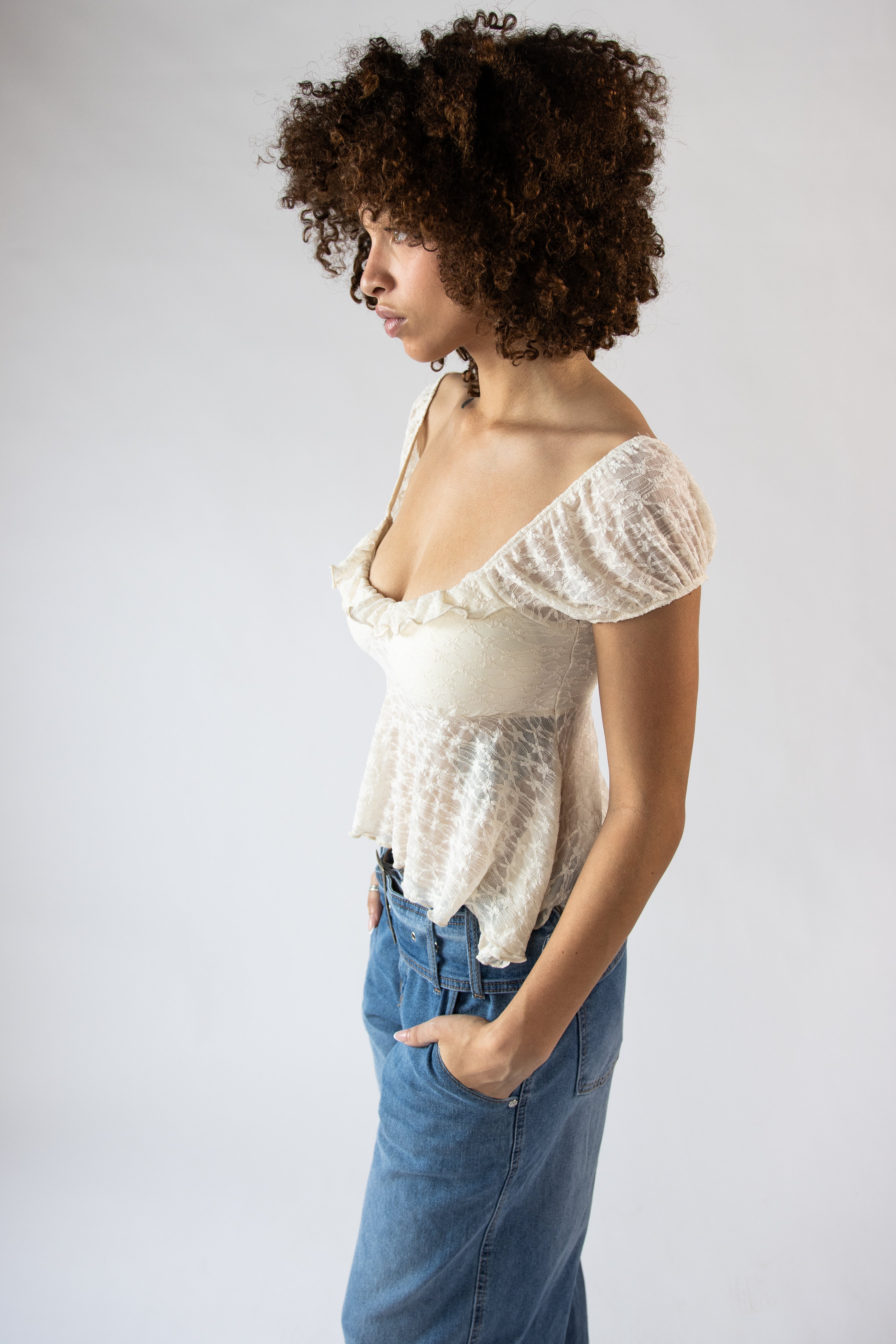 Ruffle Lace Puff Sleeve Top