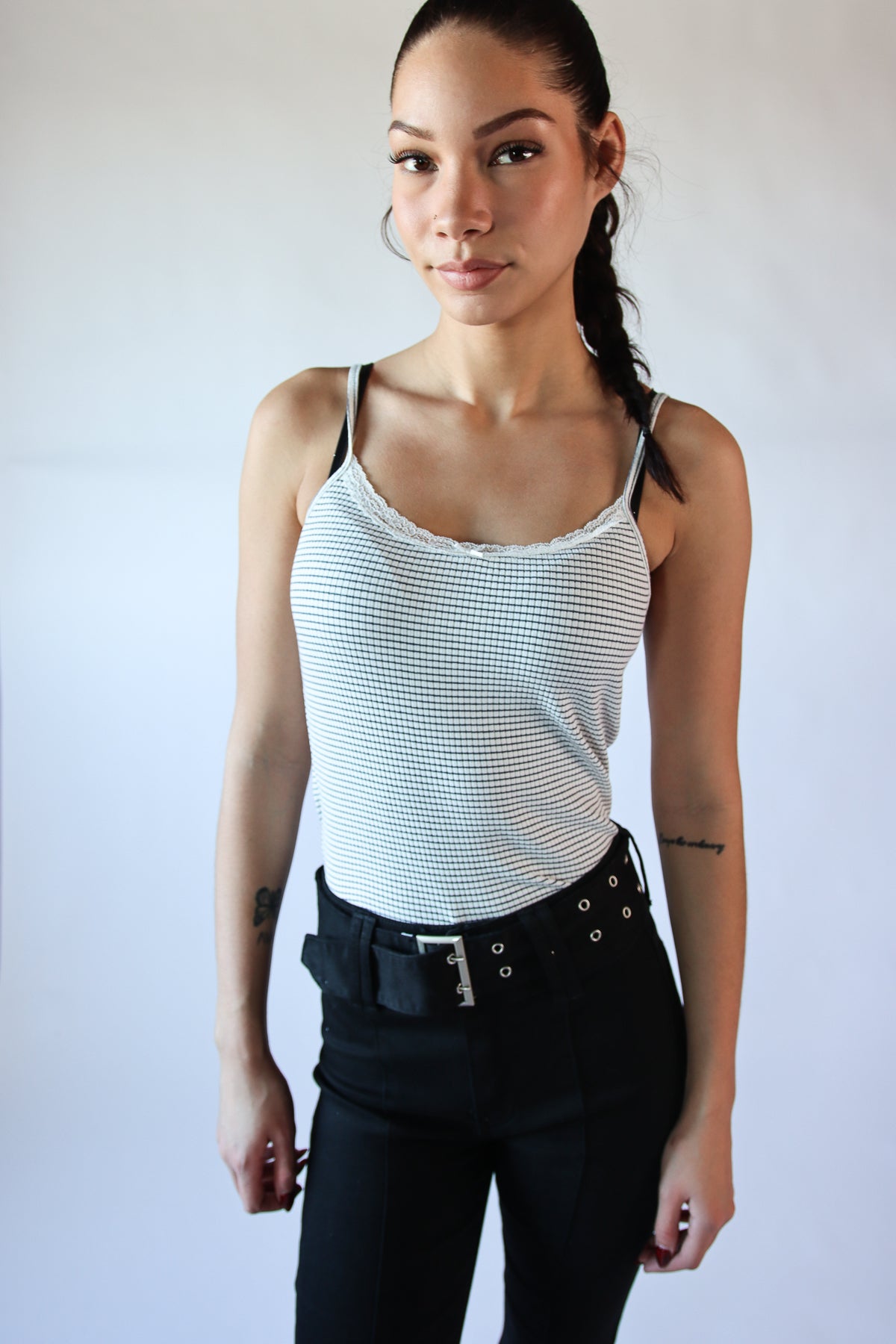 Lace Trim Striped Ribbed Cami