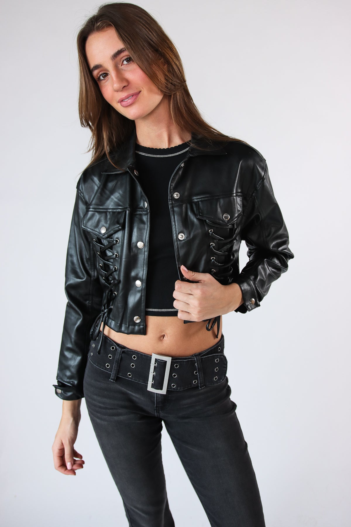 Lace Up Cropped Pleather Jacket