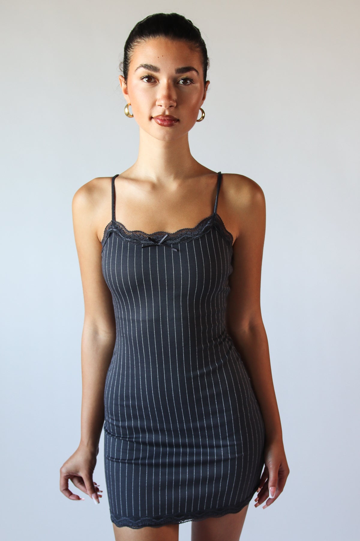 Lace Trim Pinstripe Dress