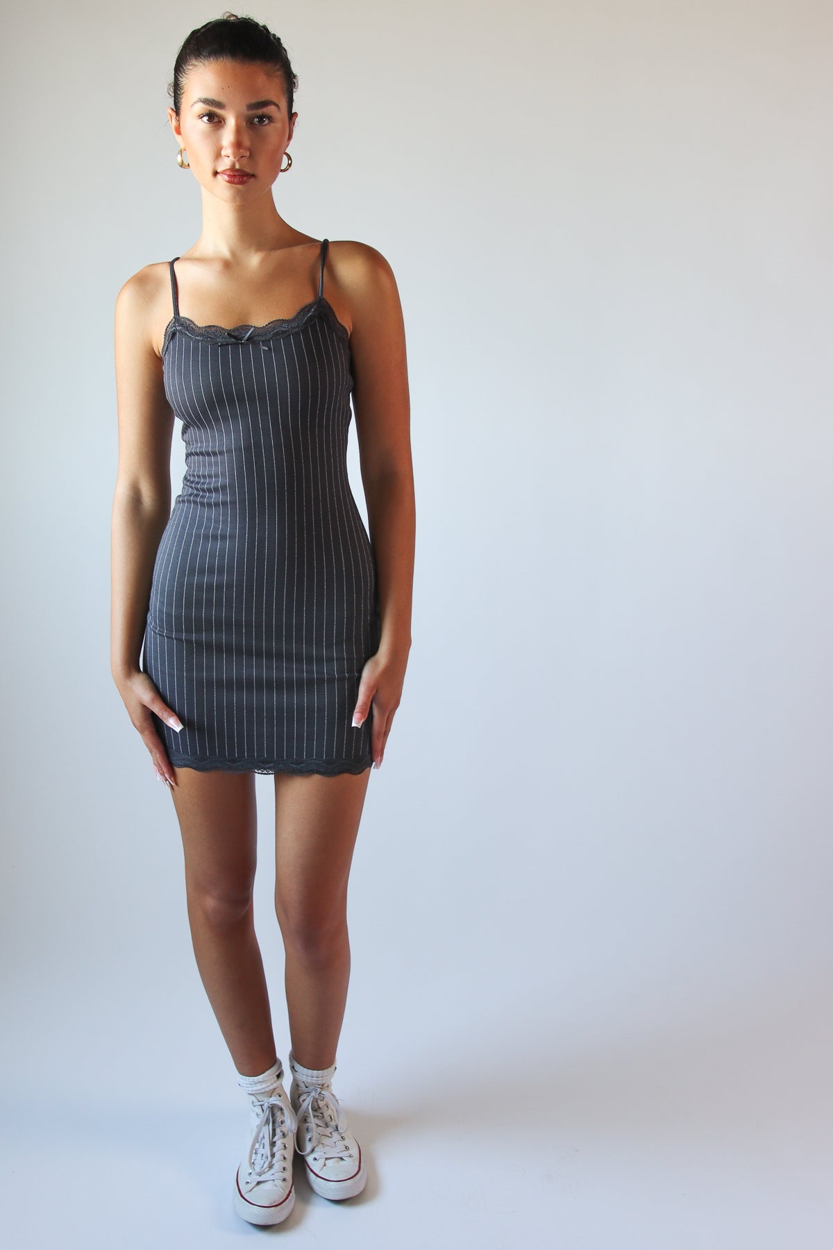 Lace Trim Pinstripe Dress