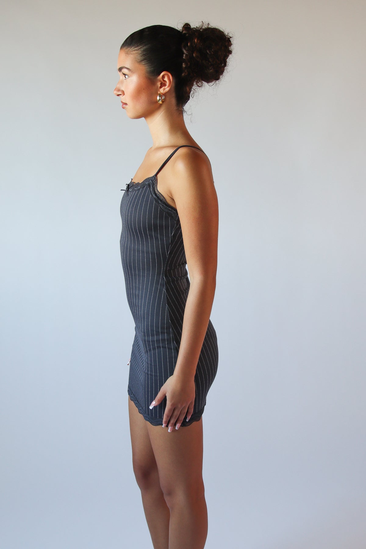 Lace Trim Pinstripe Dress