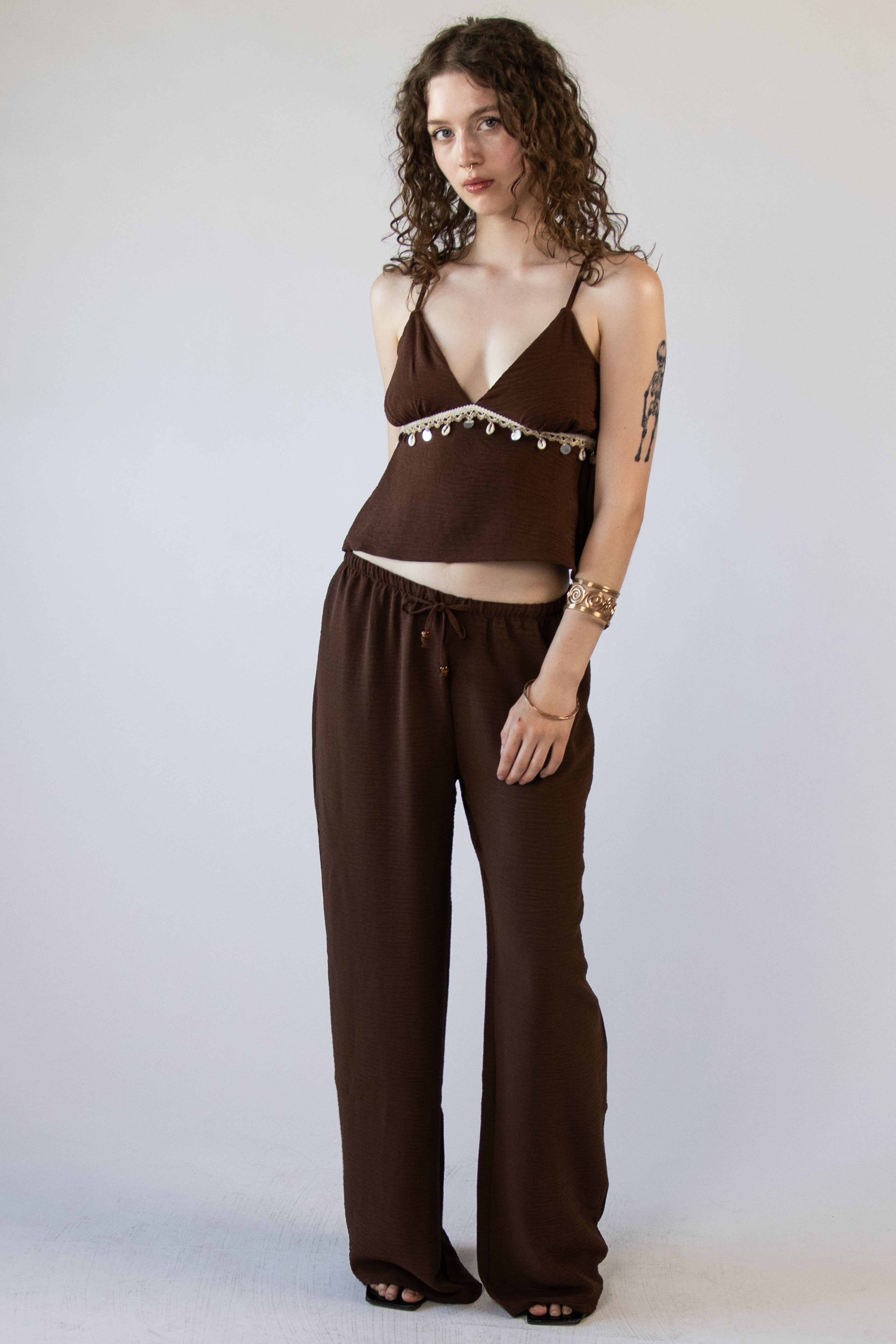 Lightweight Crinkle Beaded Wide Leg Pants