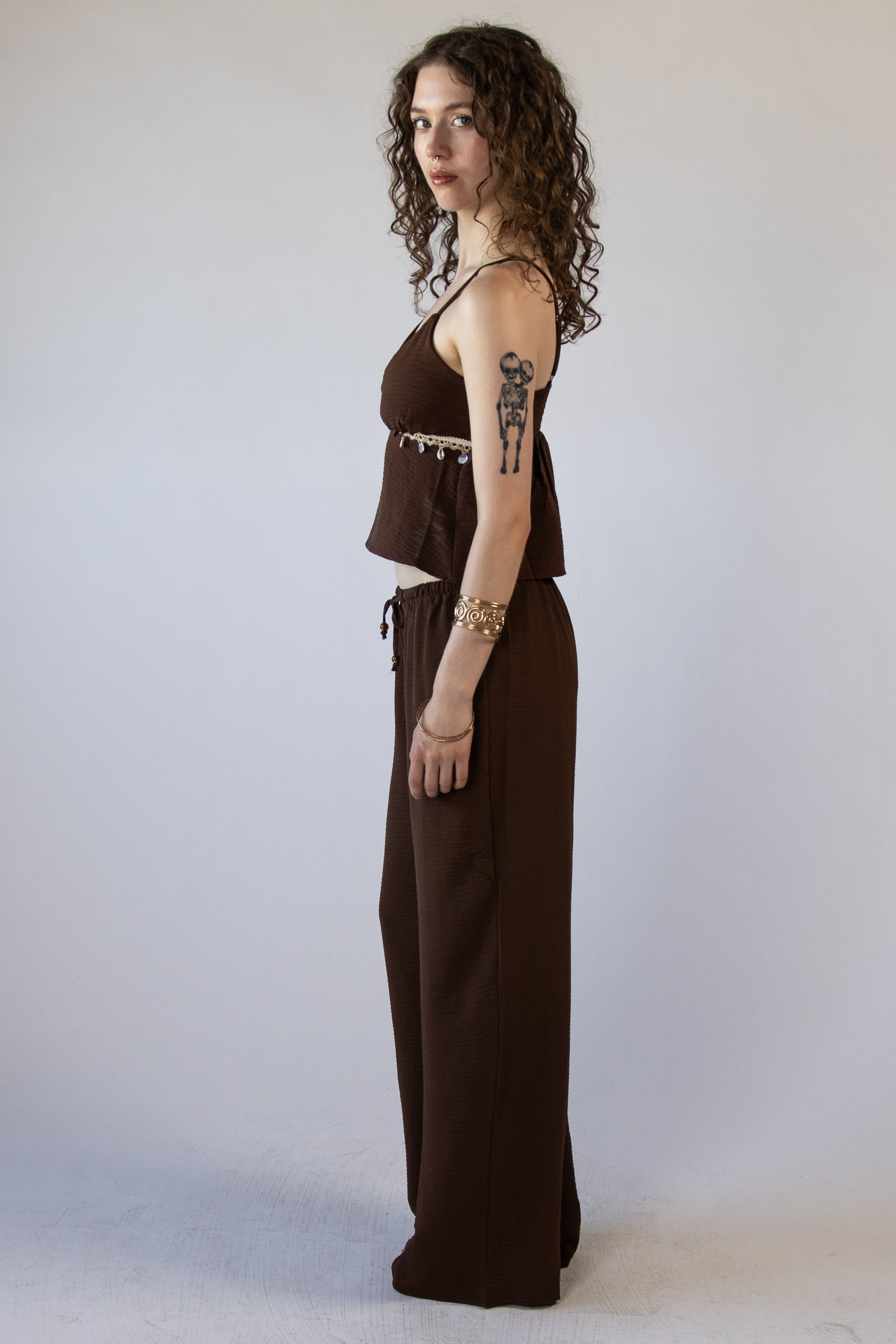 Lightweight Crinkle Beaded Wide Leg Pants