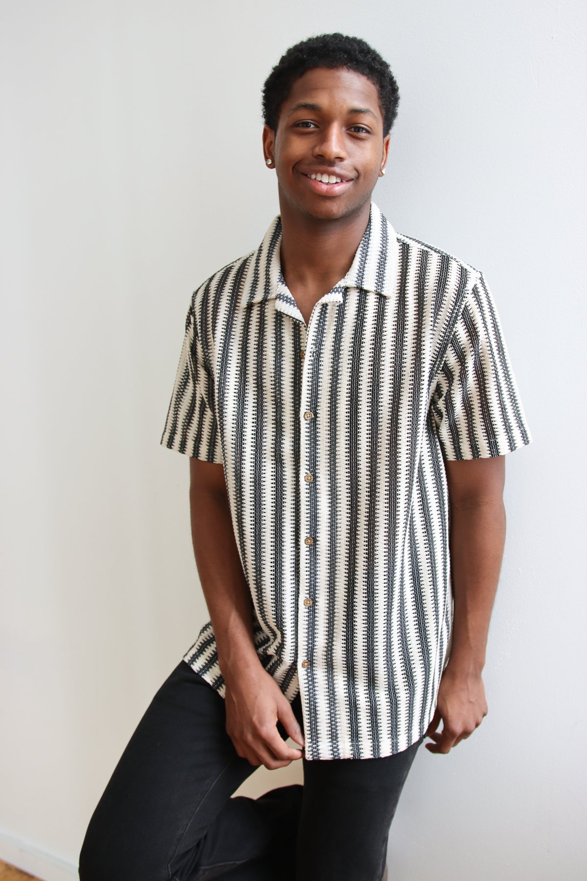 Lightweight Striped Open Knit Button Front Shirt