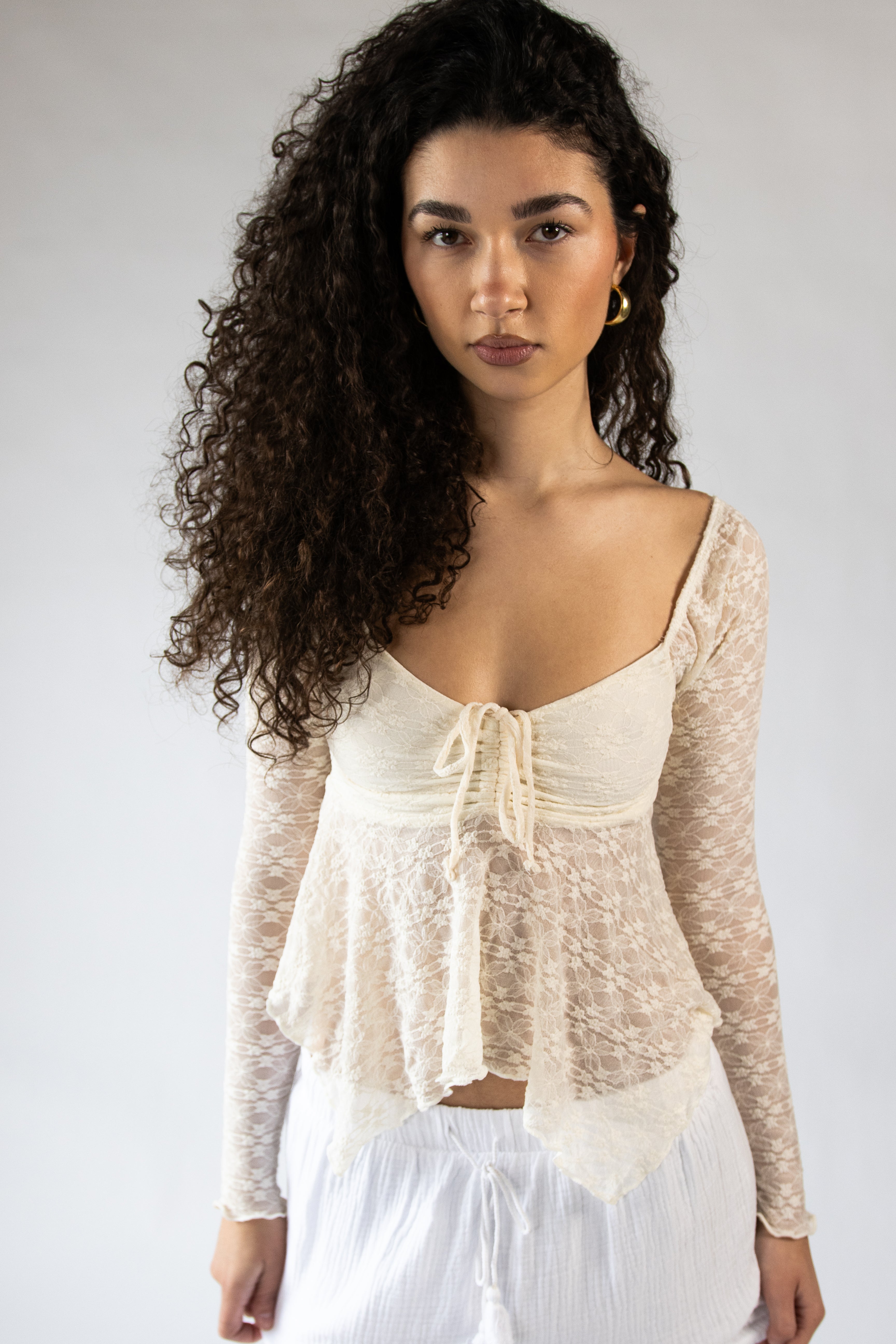 Long Sleeve Lace Hanky Hem Top