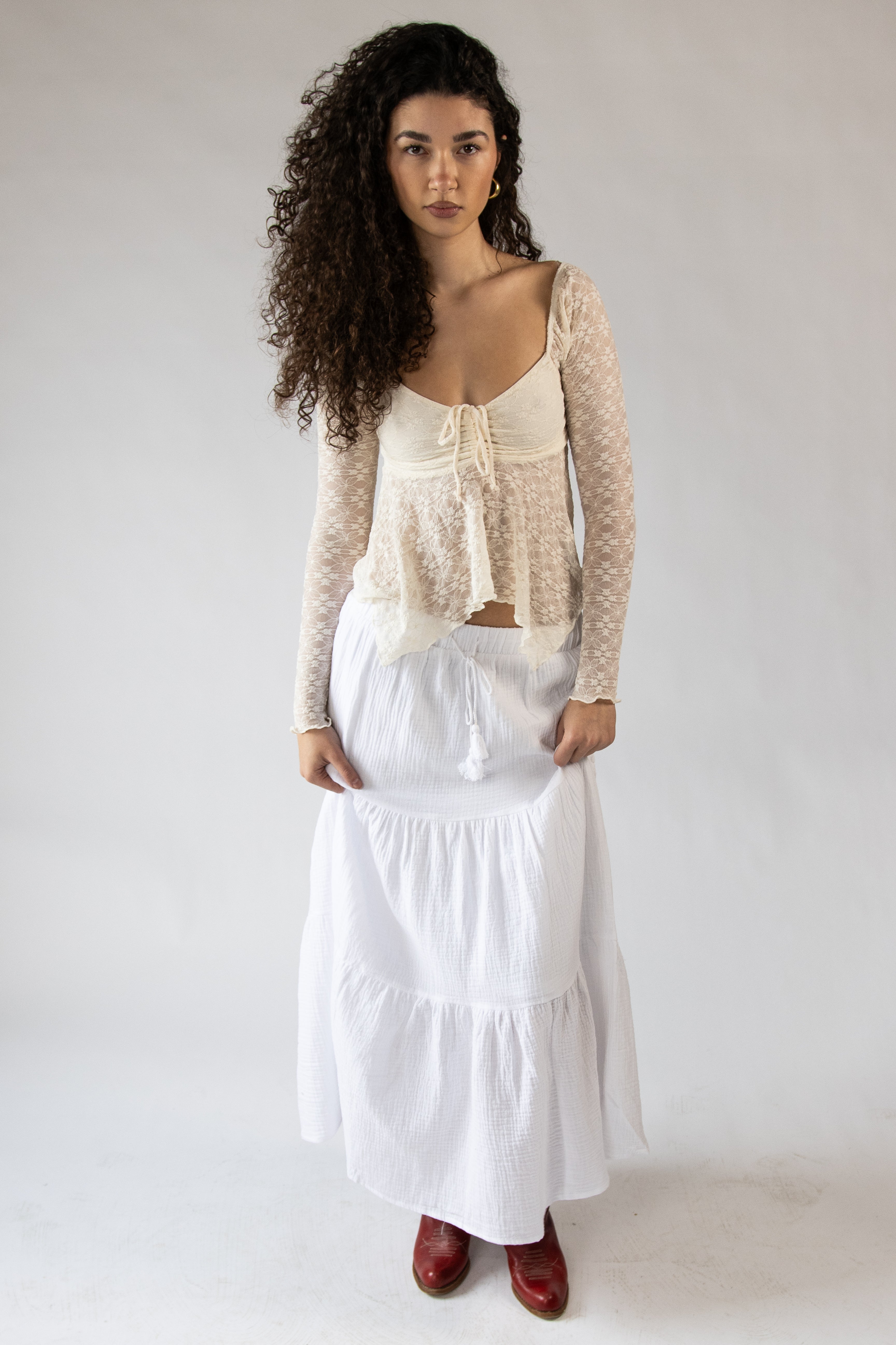 Long Sleeve Lace Hanky Hem Top