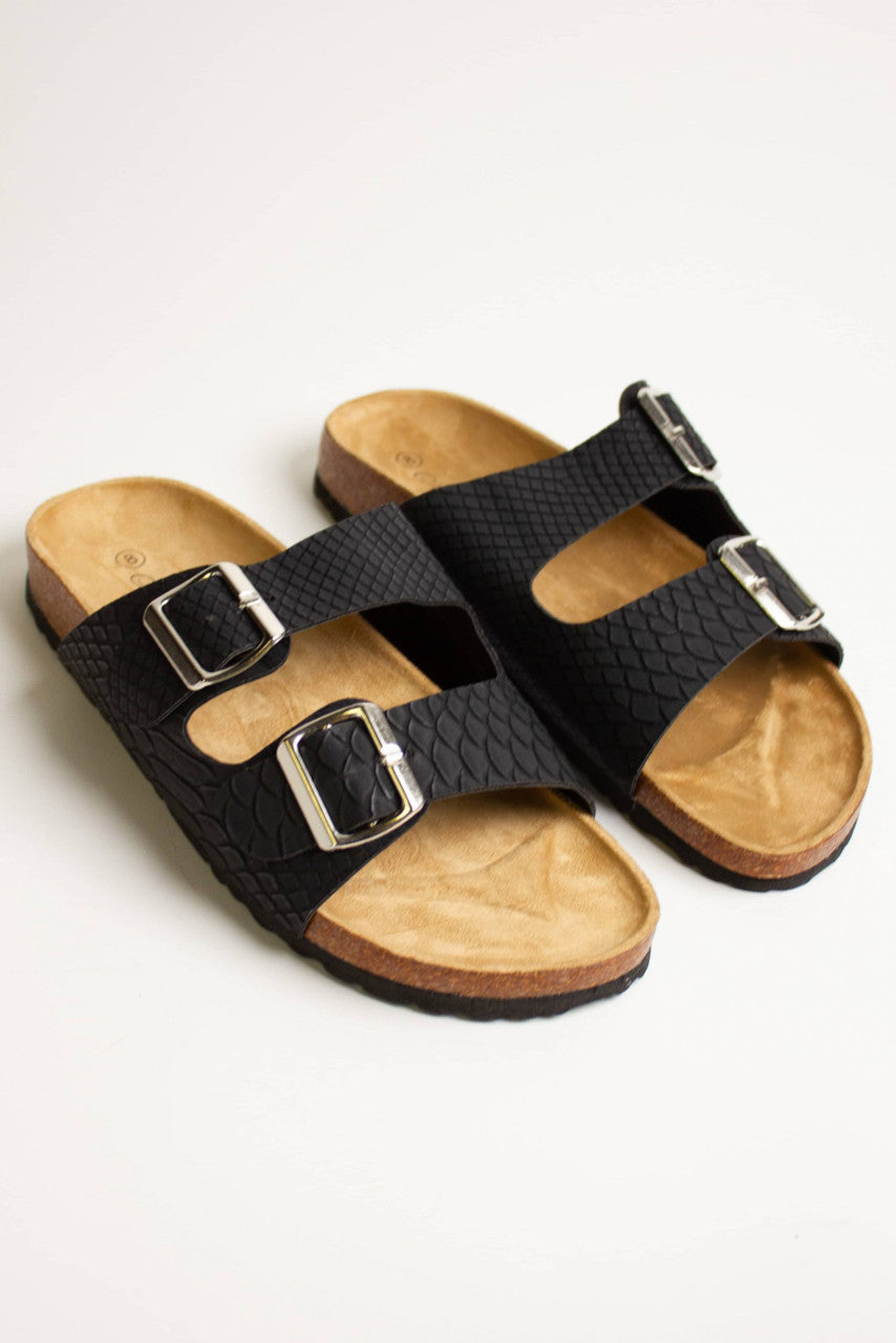 Black Snakeskin Print Sandals