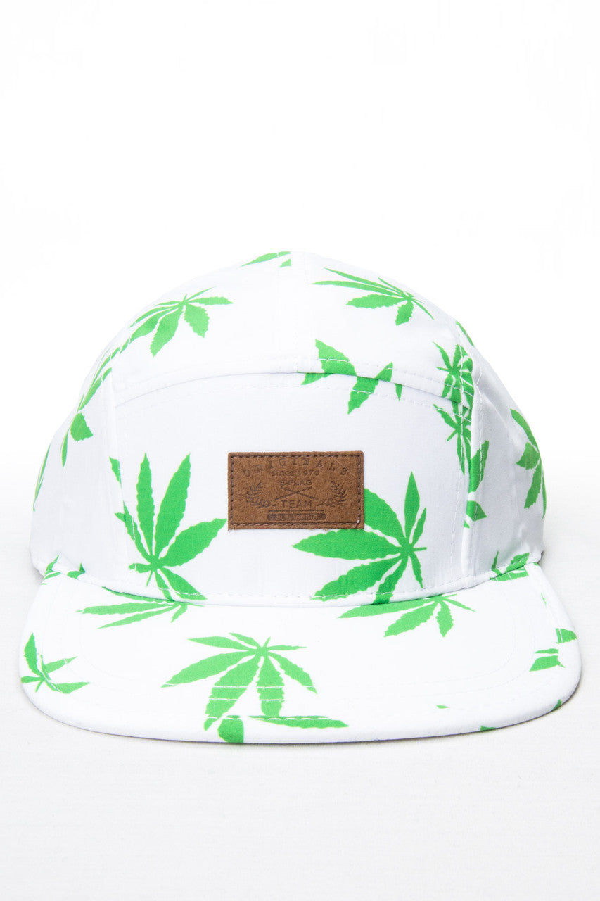 White Marijuana Leaf 5 Panel Hat
