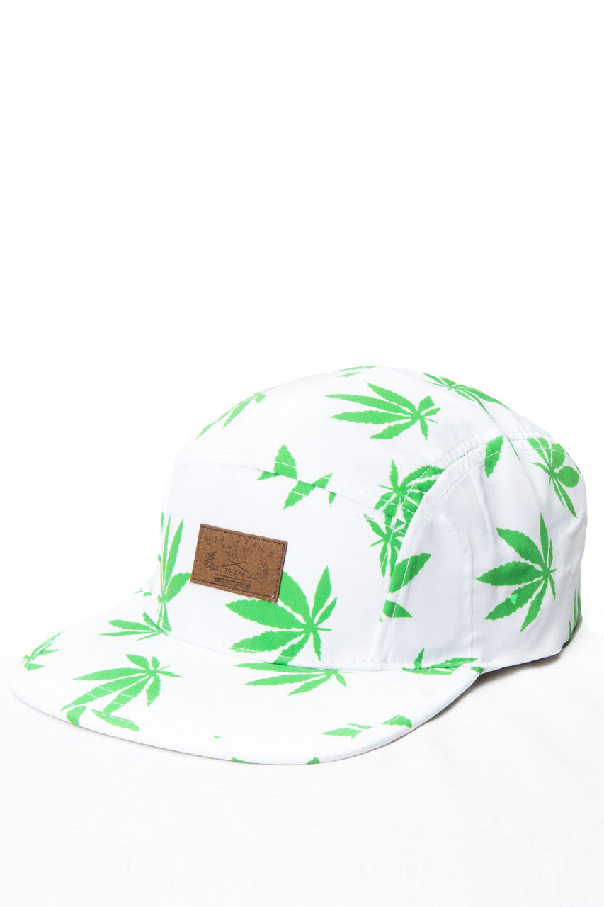 White Marijuana Leaf 5 Panel Hat