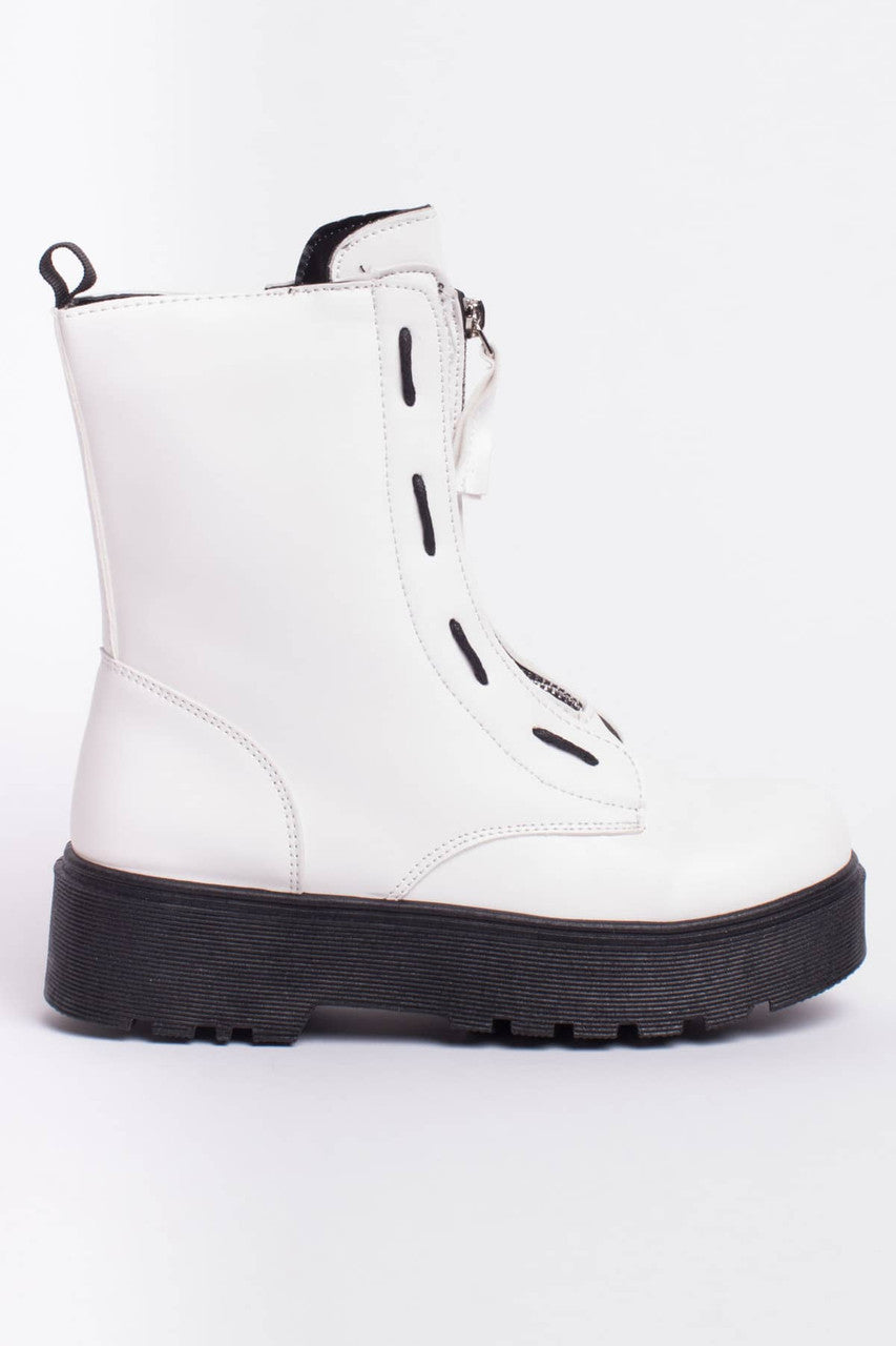 Matte White Threaded Zip Front Platform Boots