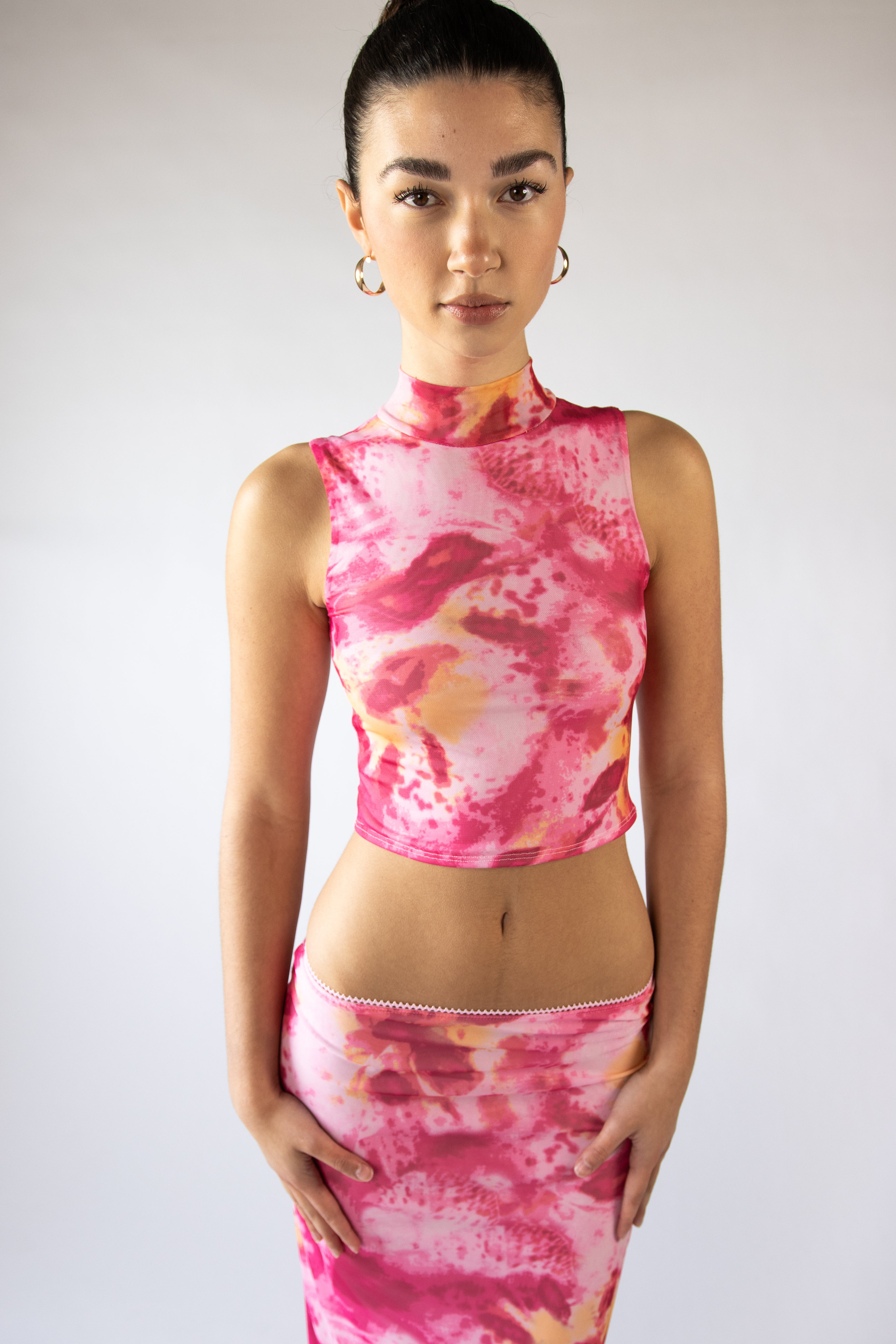 Abstract Lily Print Mesh Mock Neck Tank Top