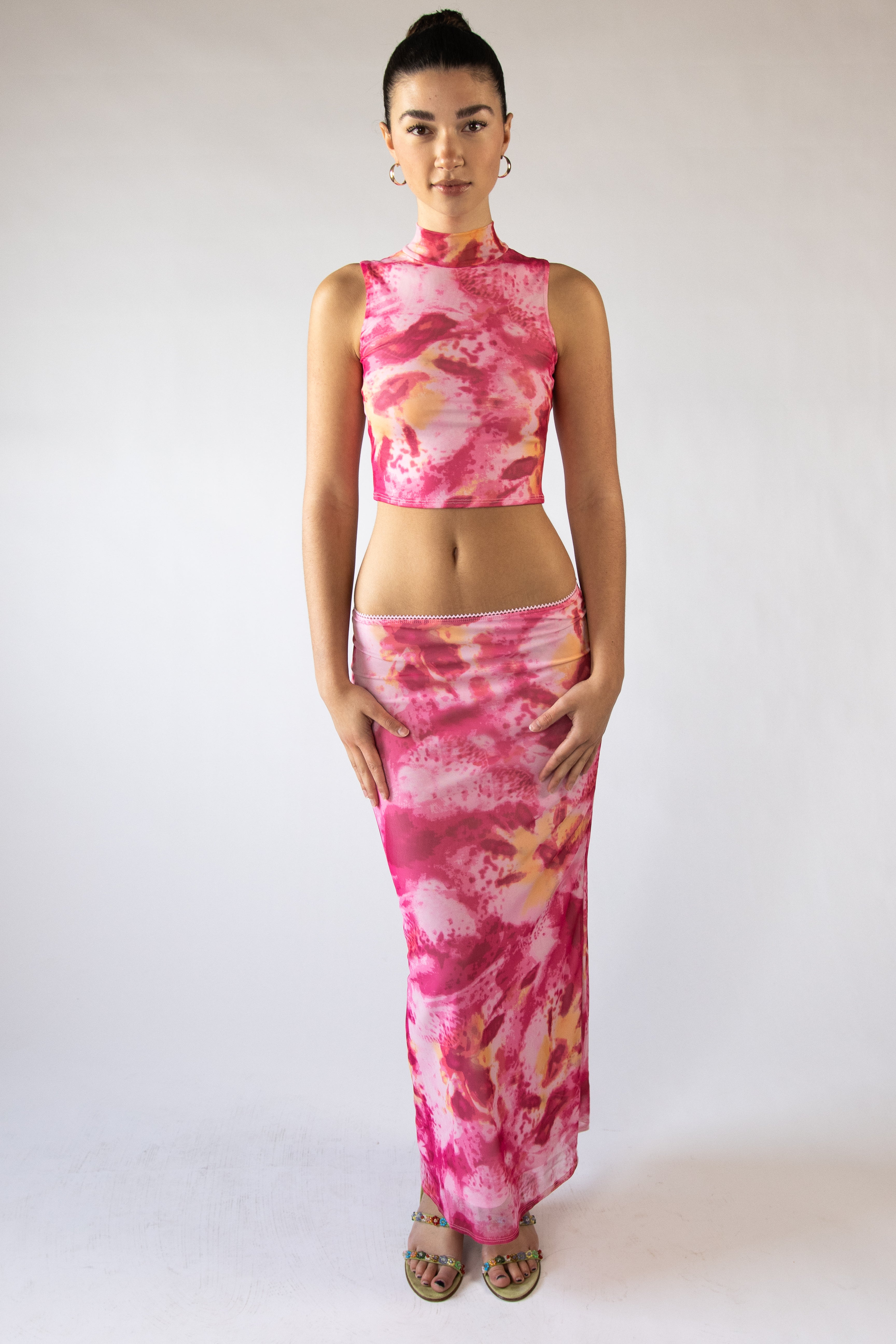 Abstract Print Mesh Slip Skirt
