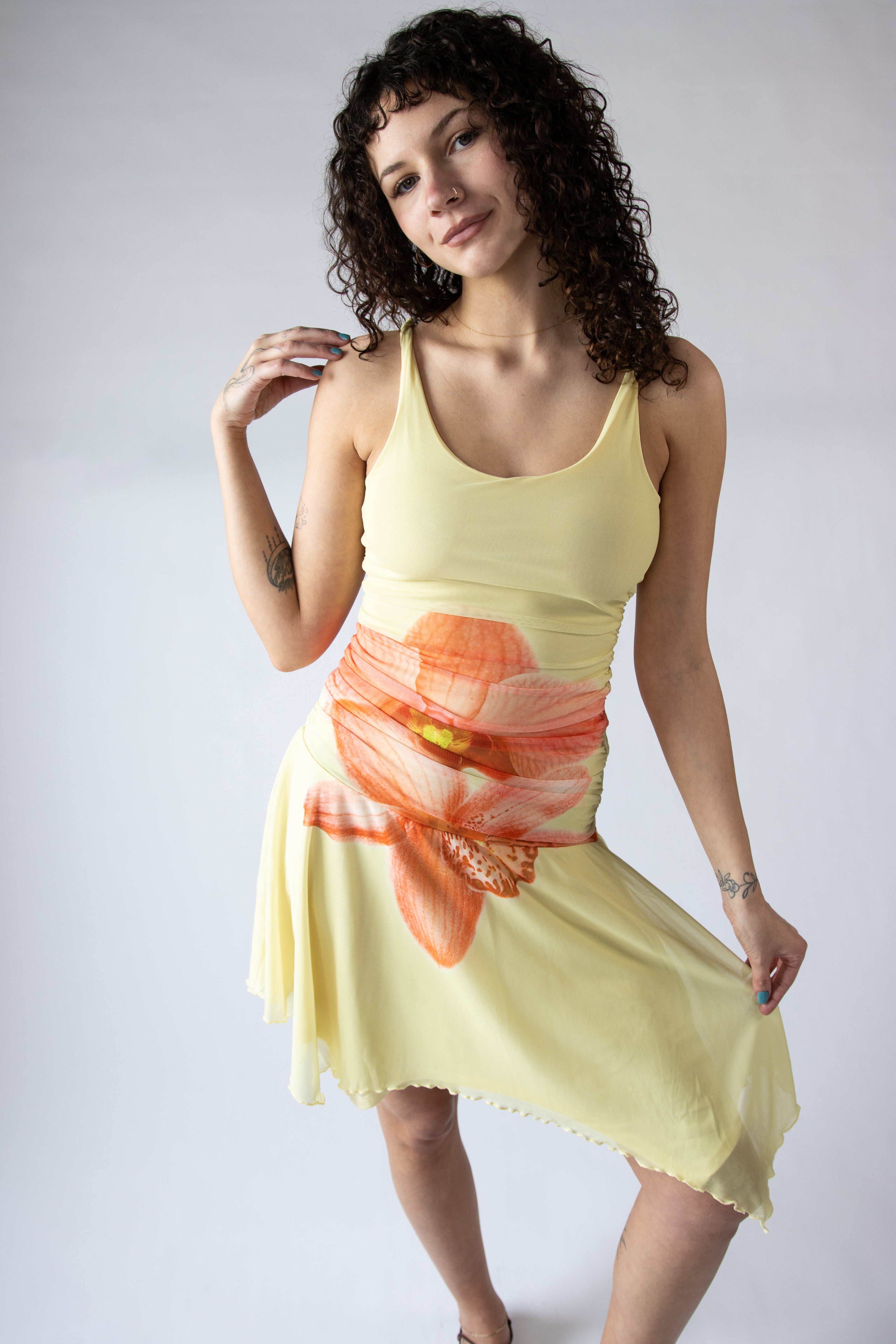 Flower Mesh Hanky Hem Midi Dress