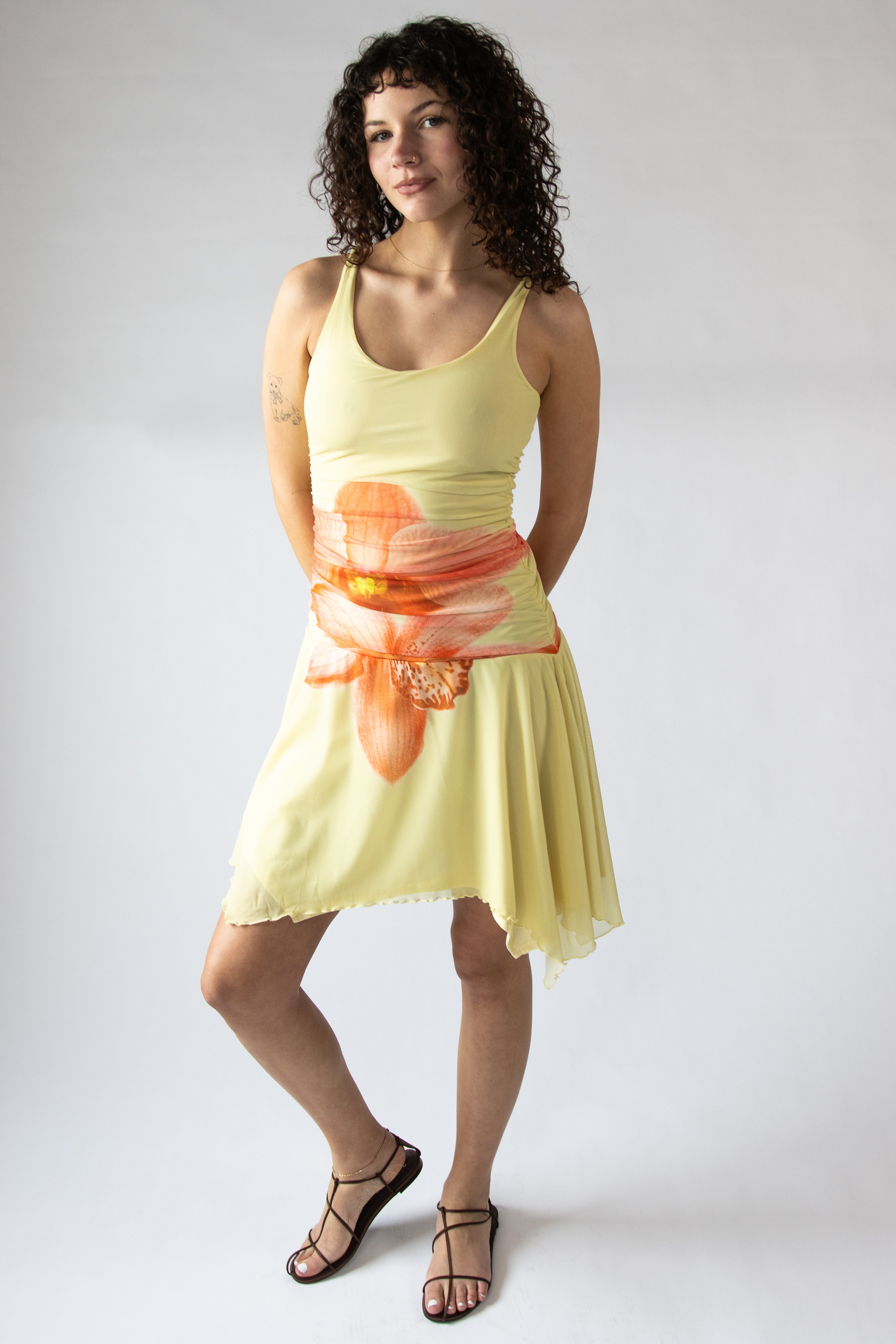 Flower Mesh Hanky Hem Midi Dress