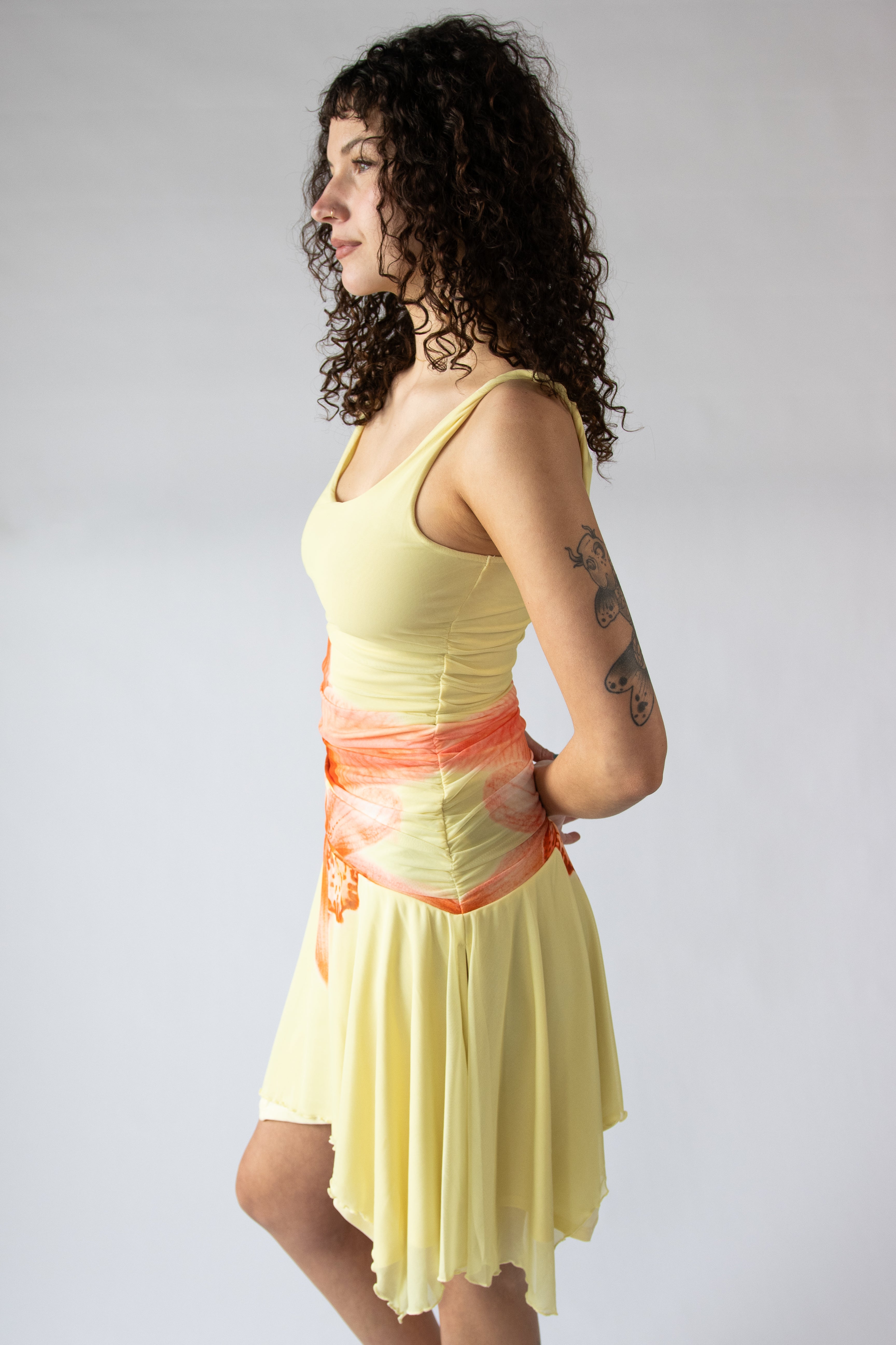 Flower Mesh Hanky Hem Midi Dress