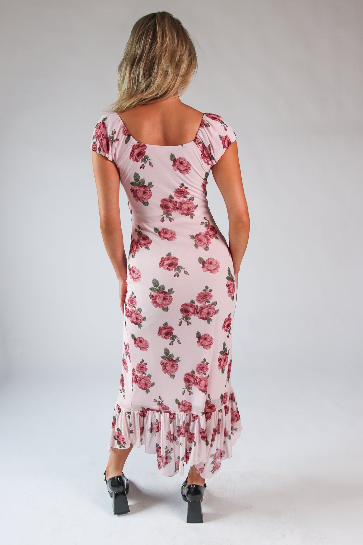 Mesh Puff Sleeve Hanky Hem Maxi Dress