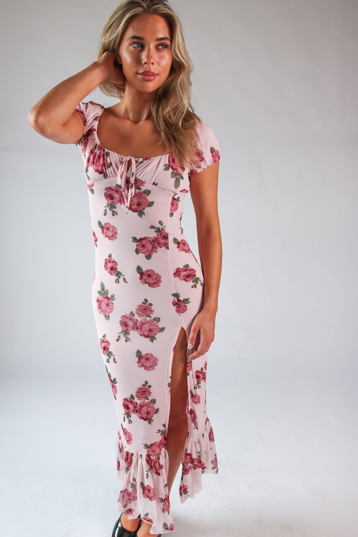 Mesh Puff Sleeve Hanky Hem Maxi Dress