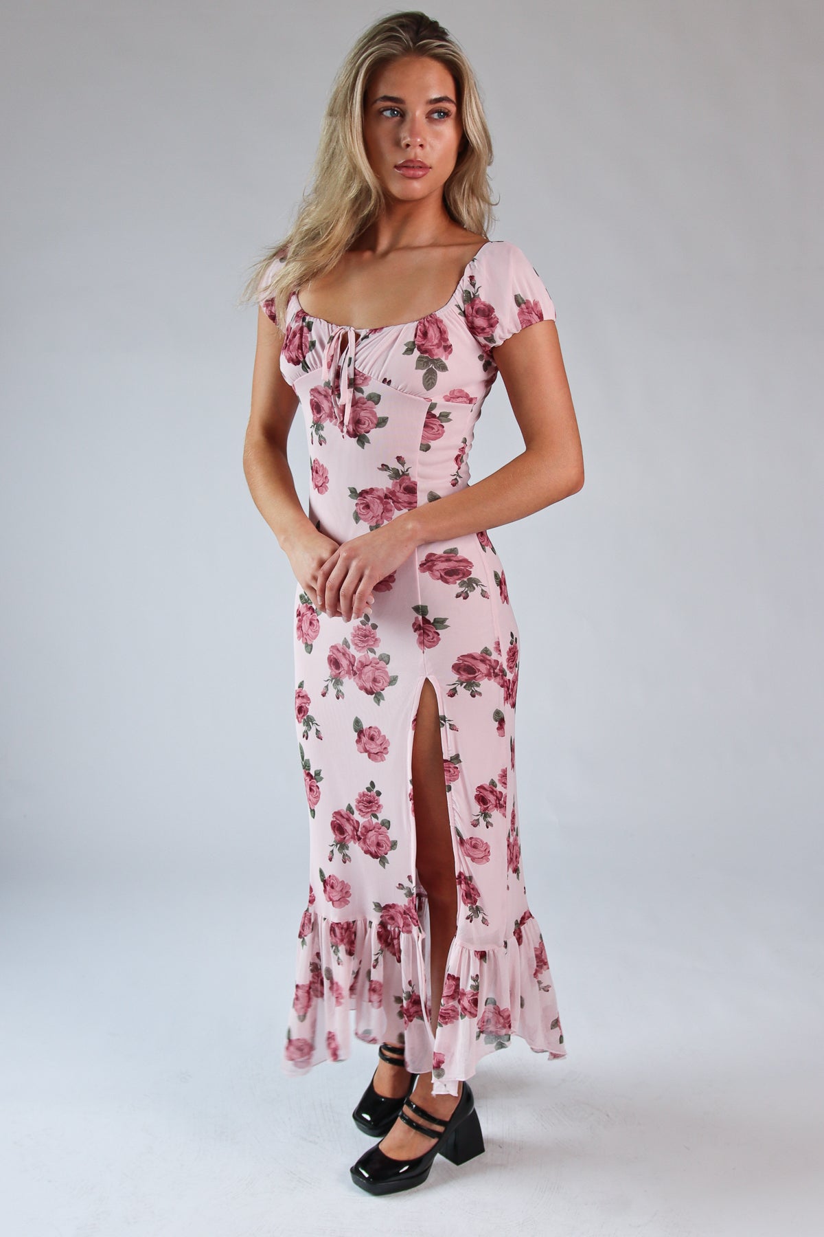 Mesh Puff Sleeve Hanky Hem Maxi Dress