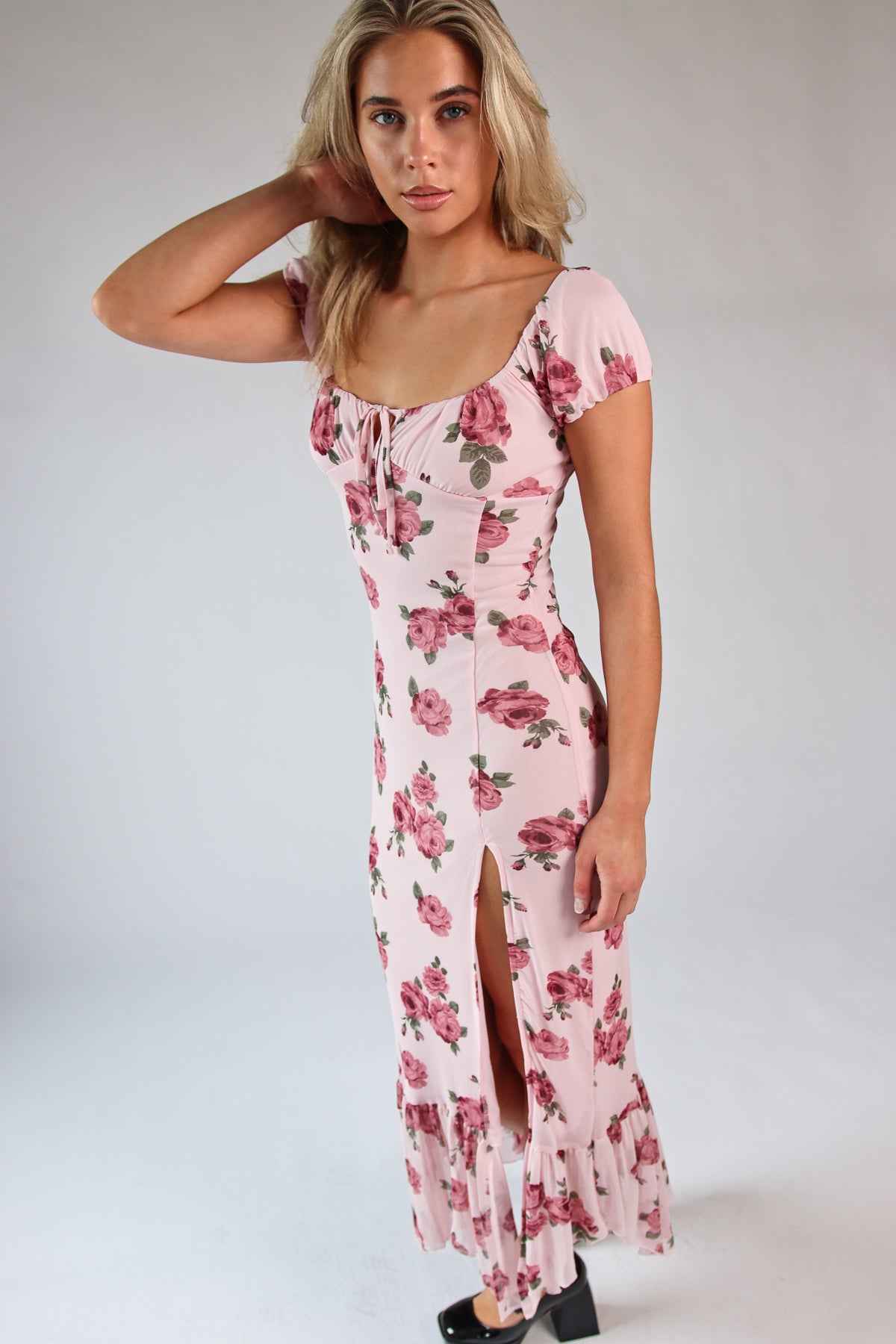 Mesh Puff Sleeve Hanky Hem Maxi Dress