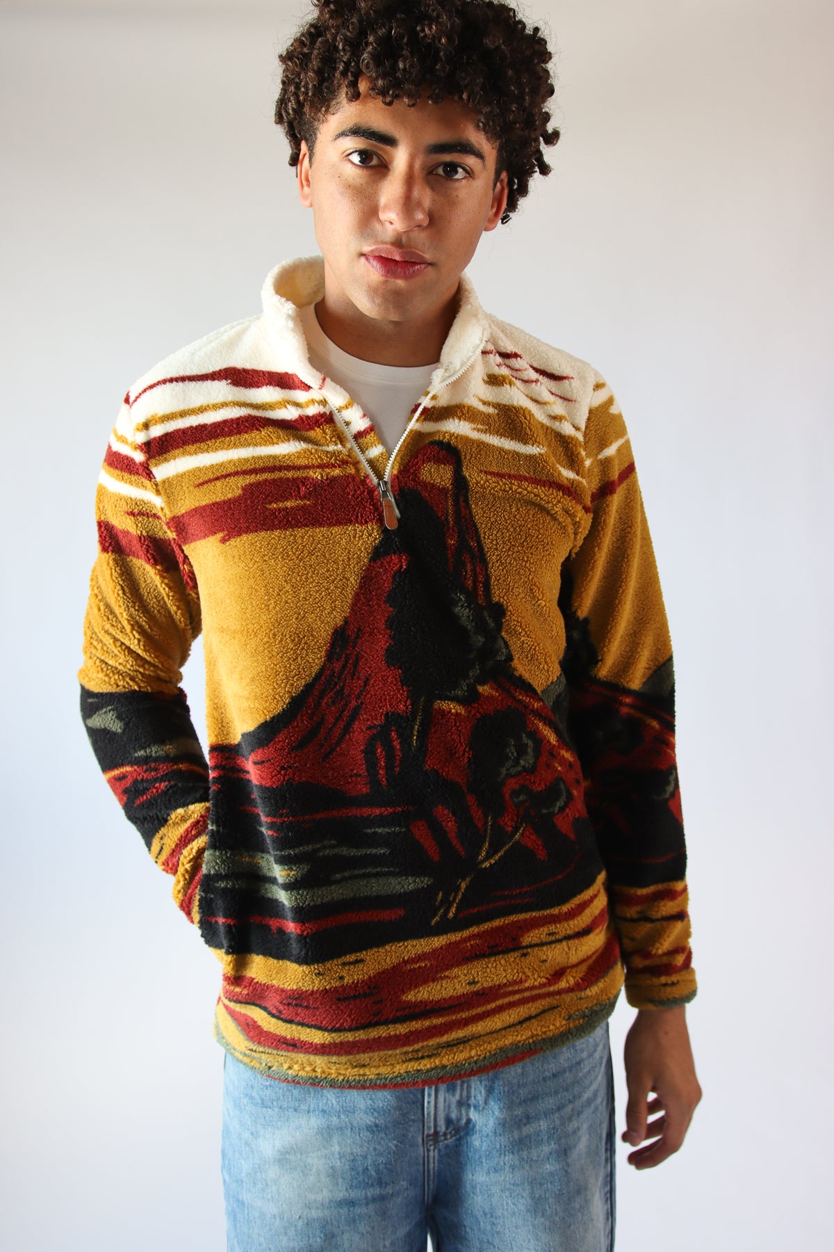 Mountain Landscape Plush Quarter Zip Sweater