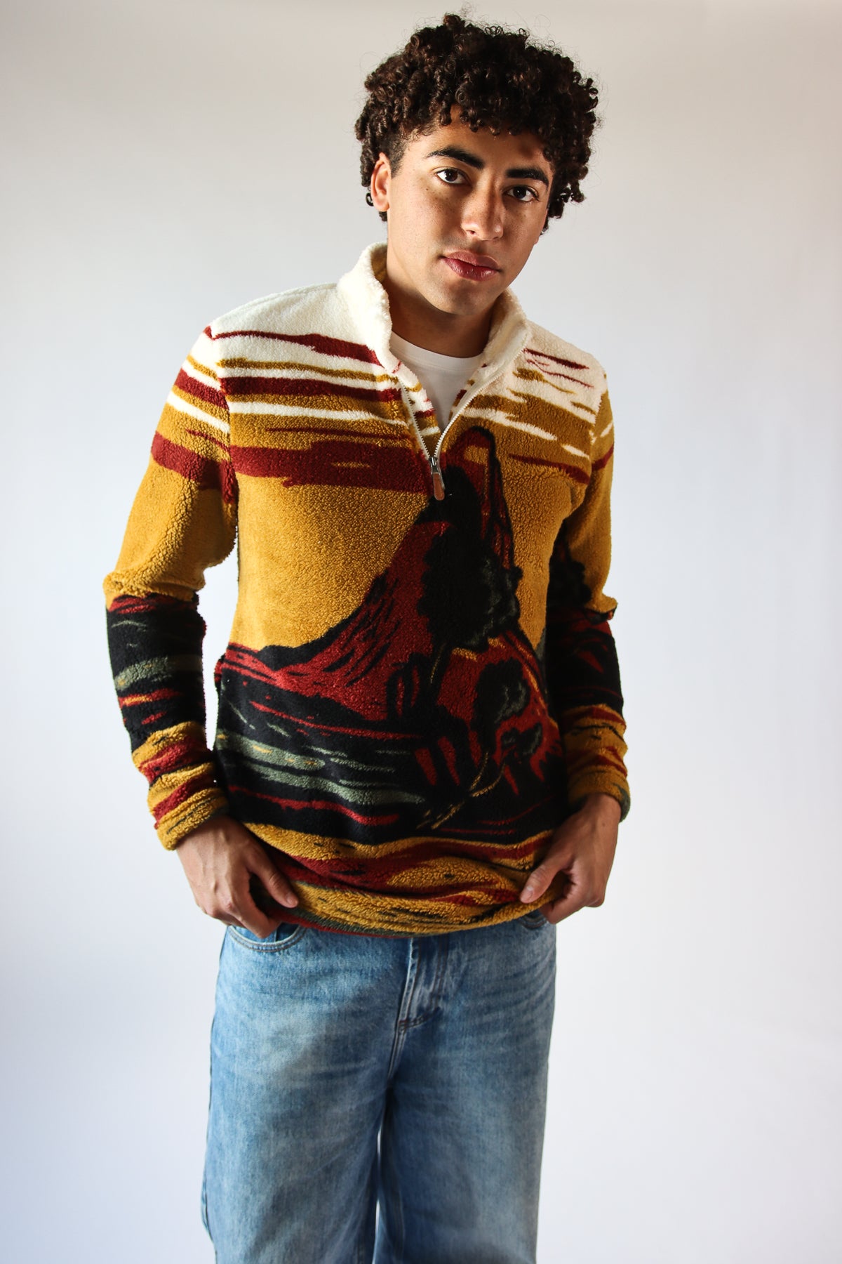 Mountain Landscape Plush Quarter Zip Sweater