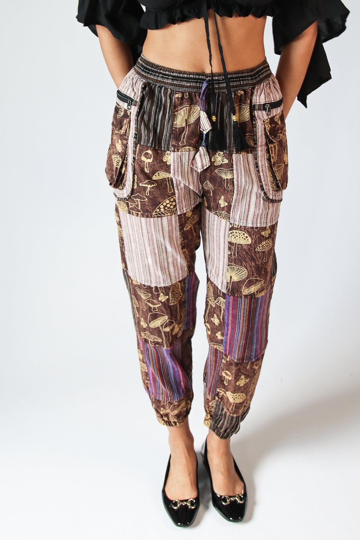 Mushroom Stripe Pocket Patchwork Joggers - Brown
