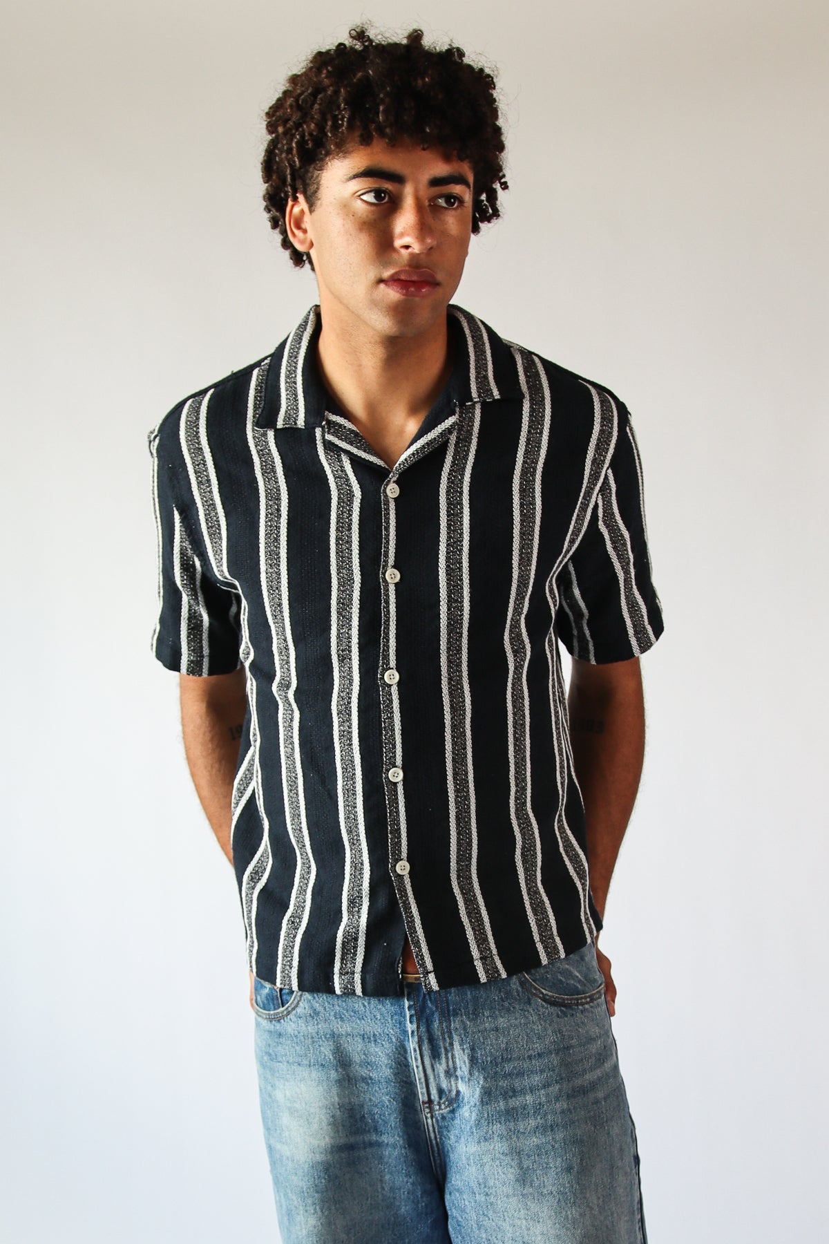 Navy Textured Knit Striped Button Up Shirt