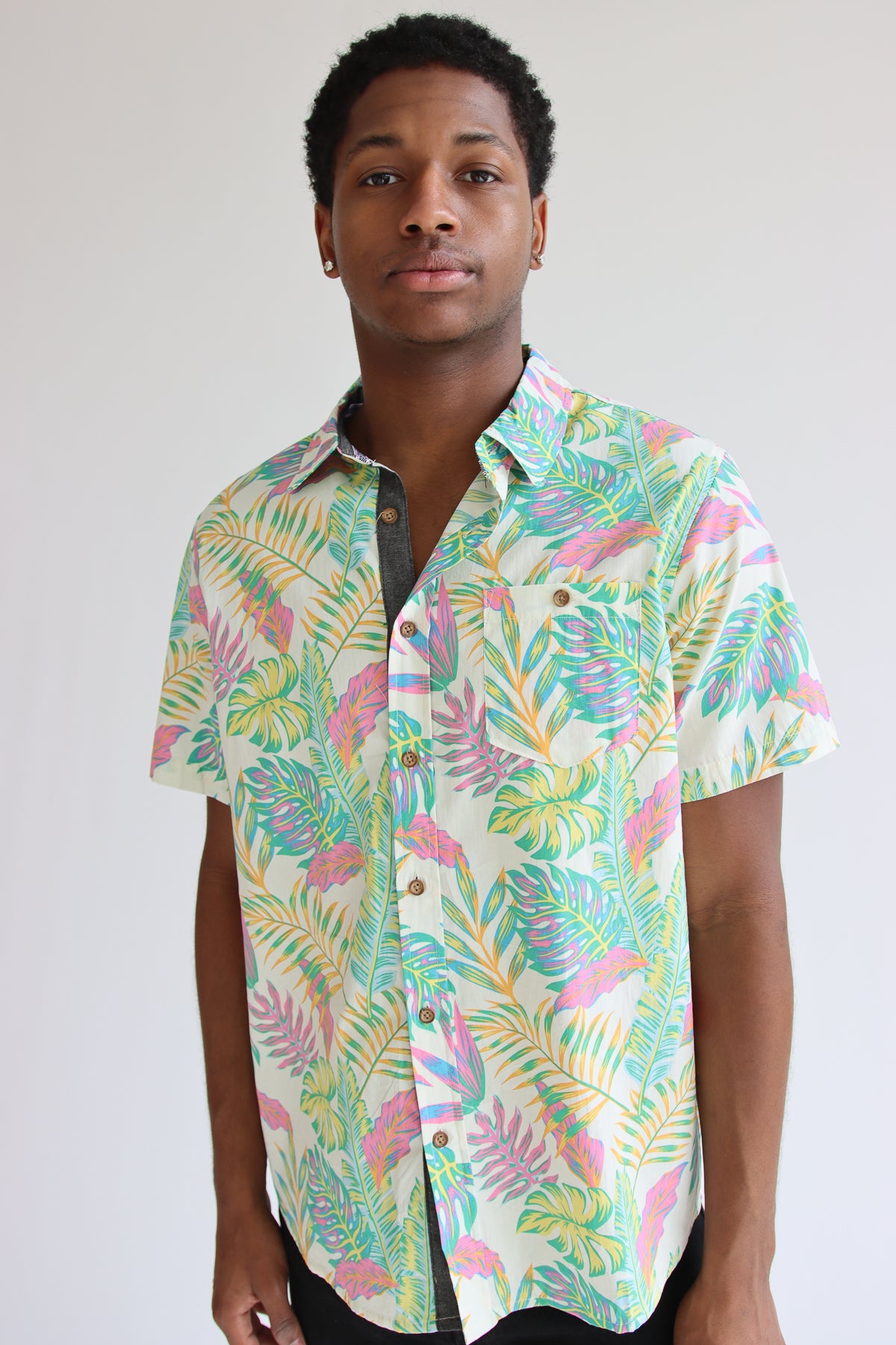 Neon Tropical Print Button Up