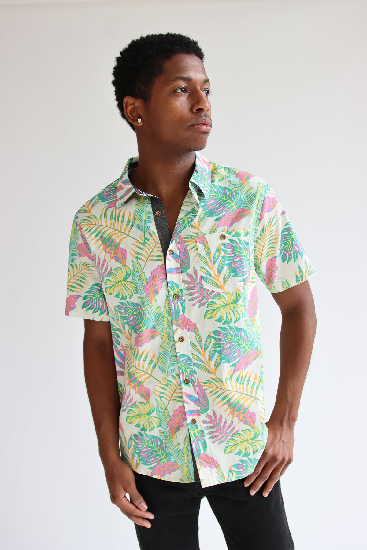 Neon Tropical Print Button Up