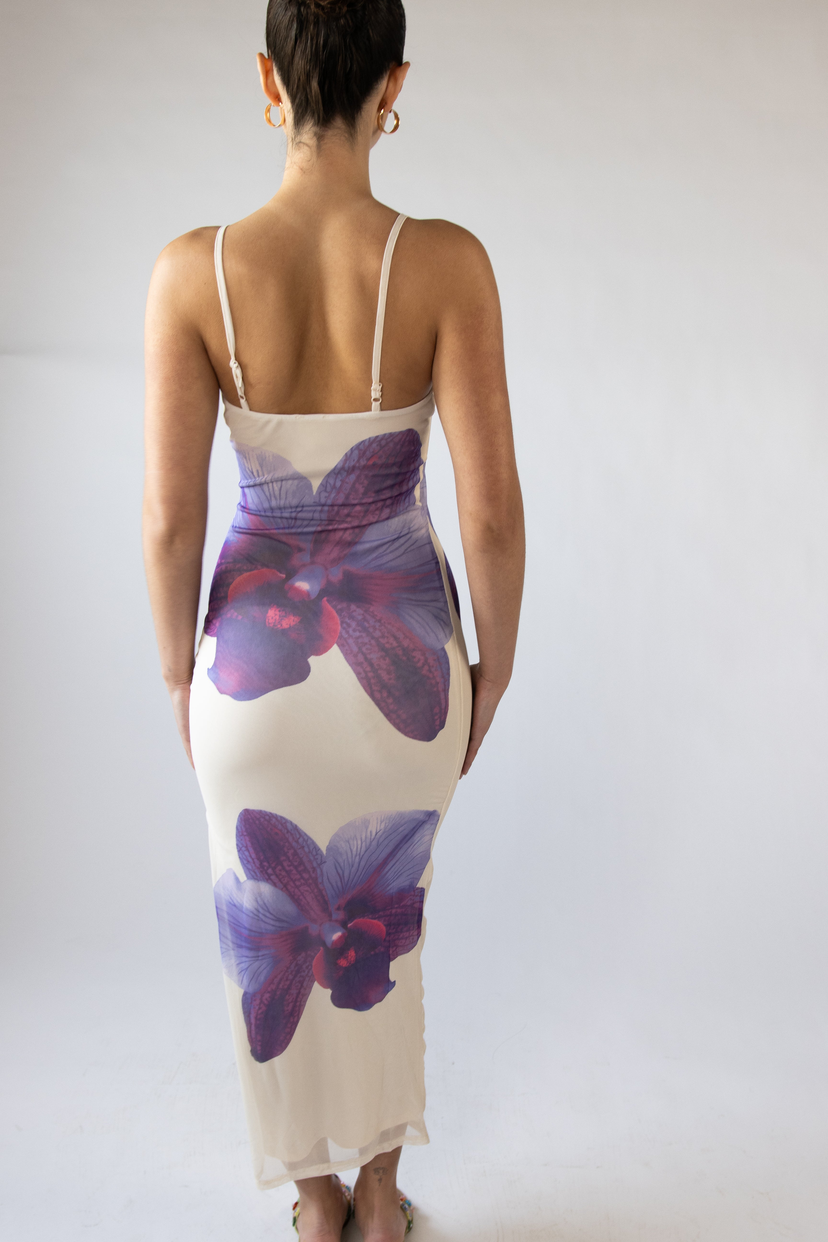 Large Flower Print Mesh Maxi Dress