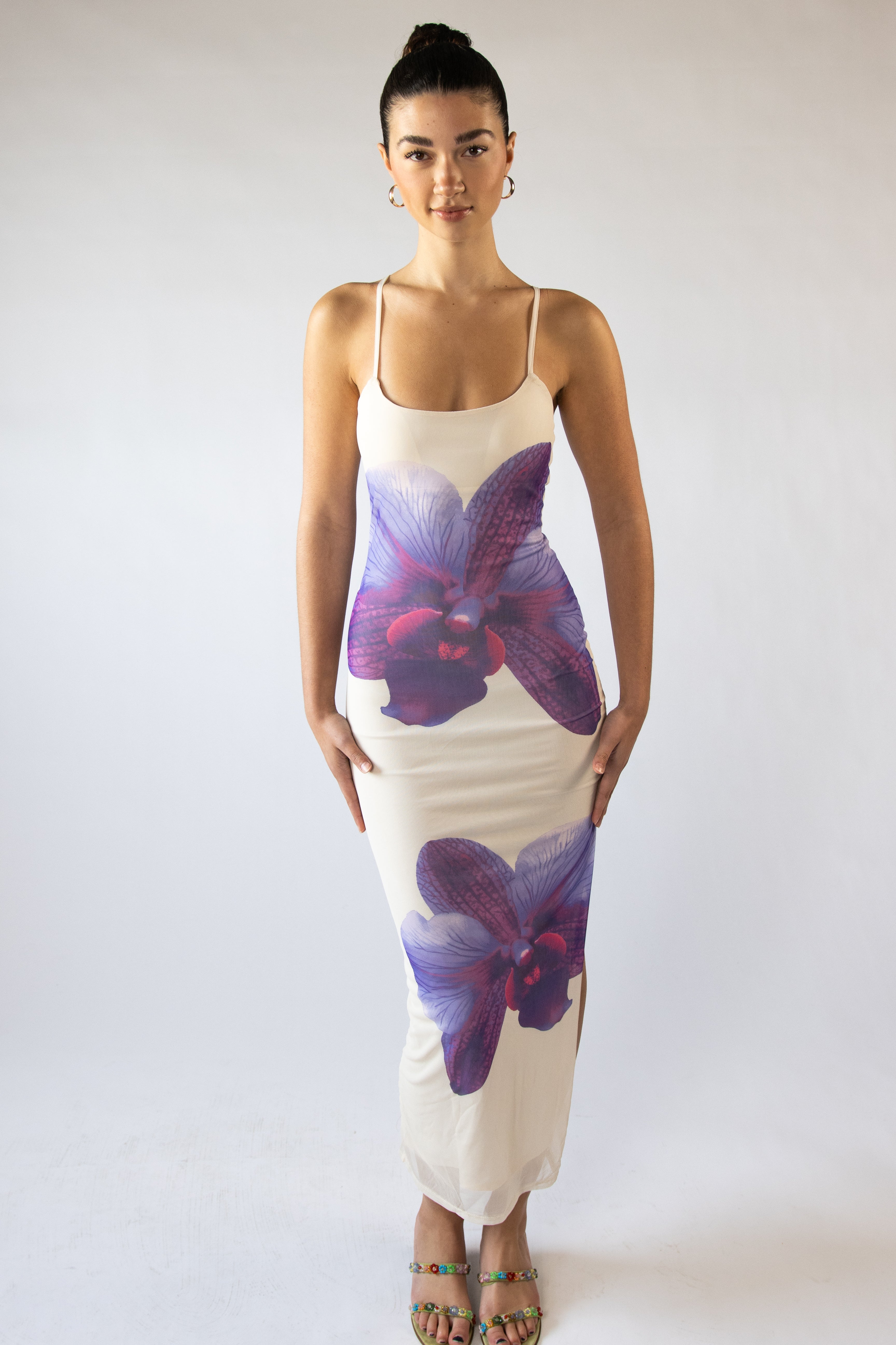 Large Flower Print Mesh Maxi Dress