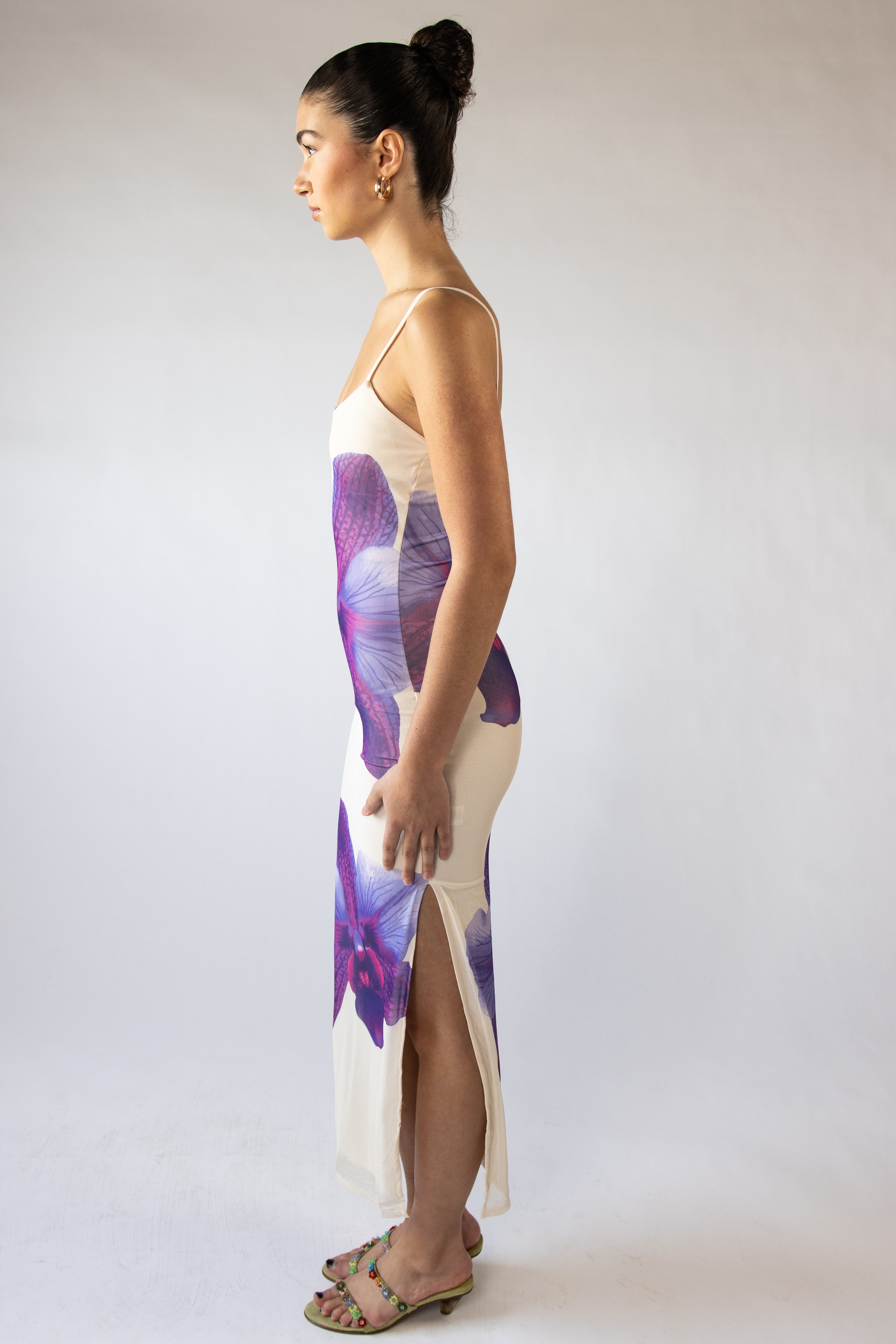 Large Flower Print Mesh Maxi Dress