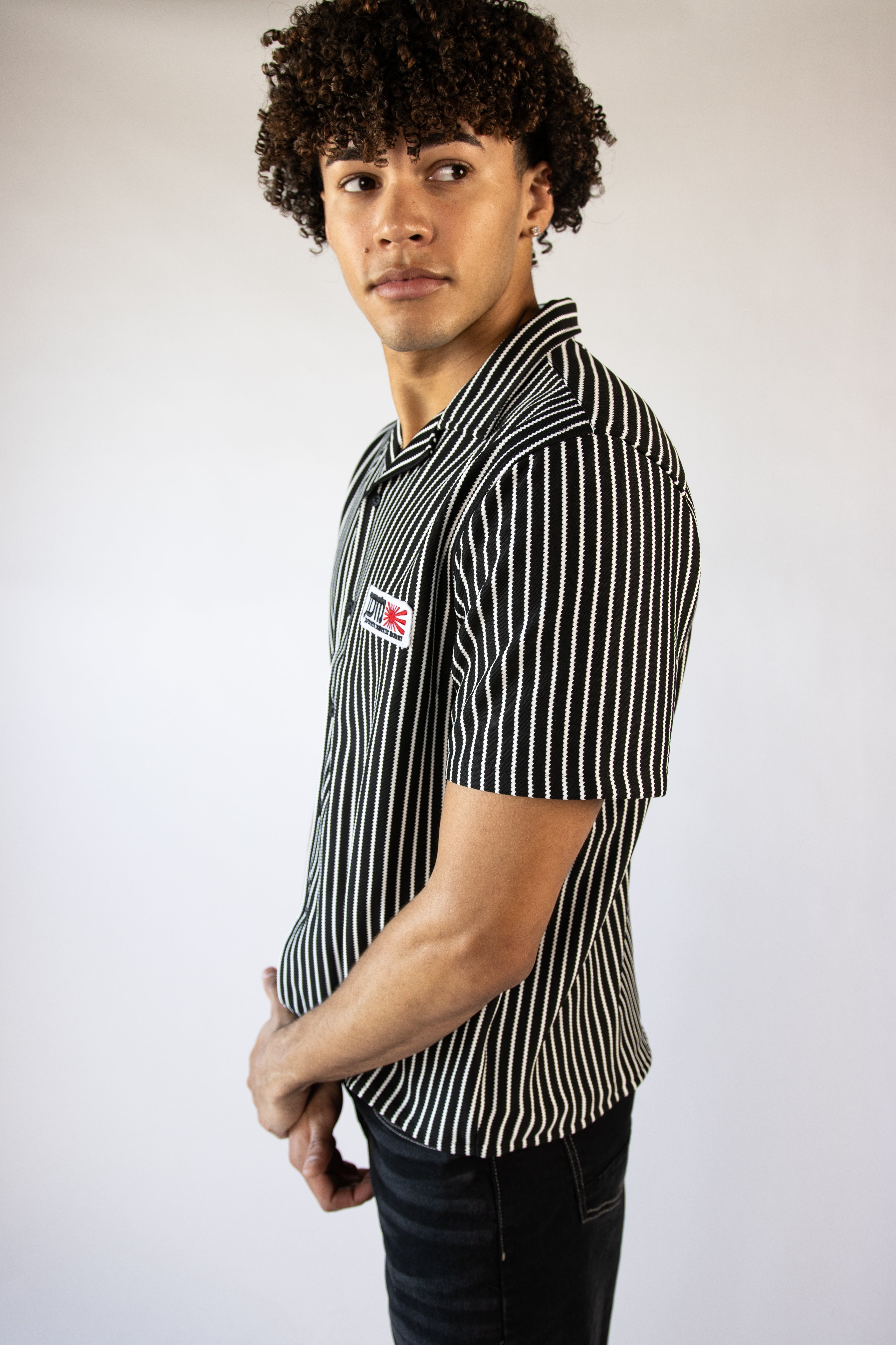 Patch Striped Textured Button Up Shirt