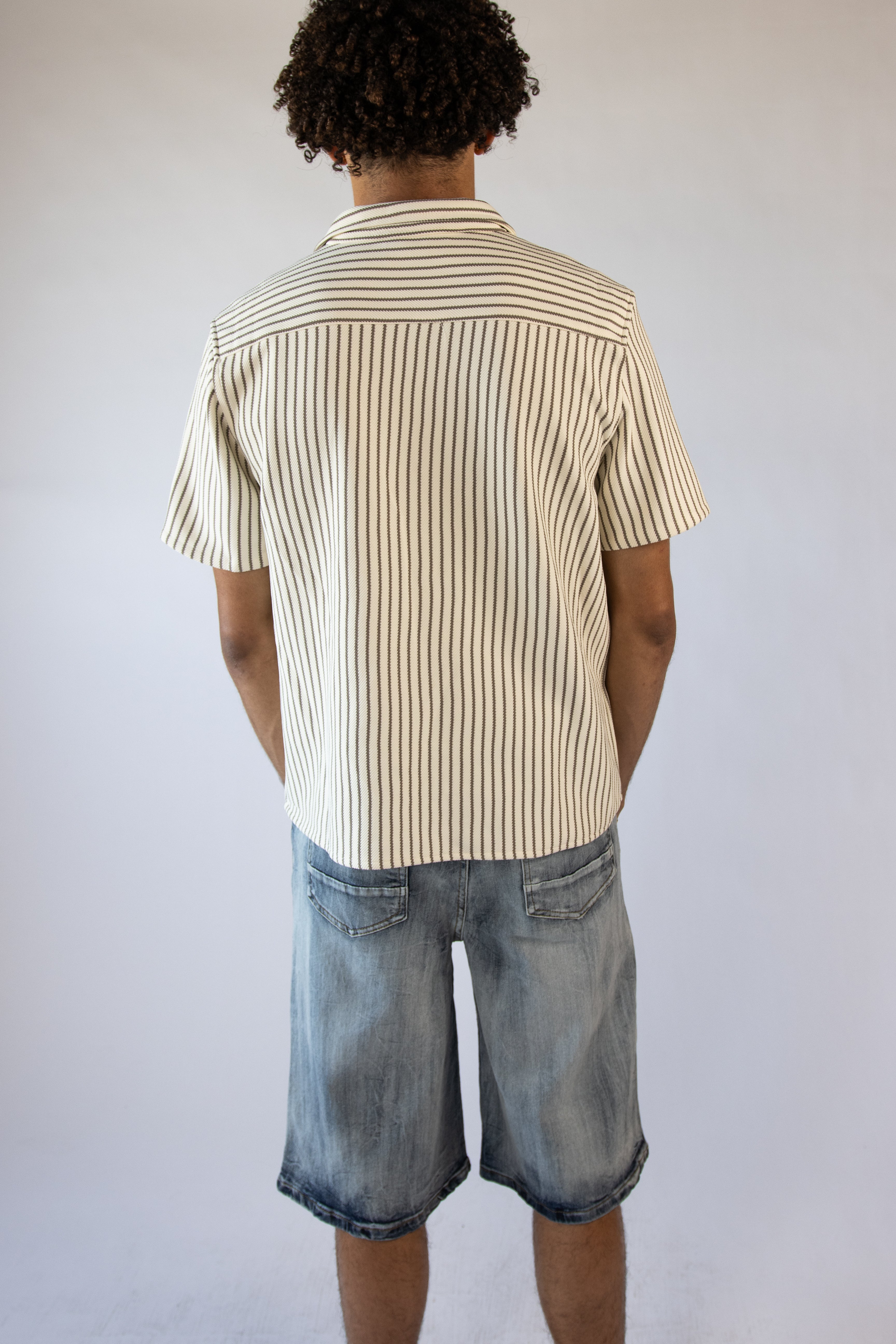 Patch Striped Textured Button Up Shirt