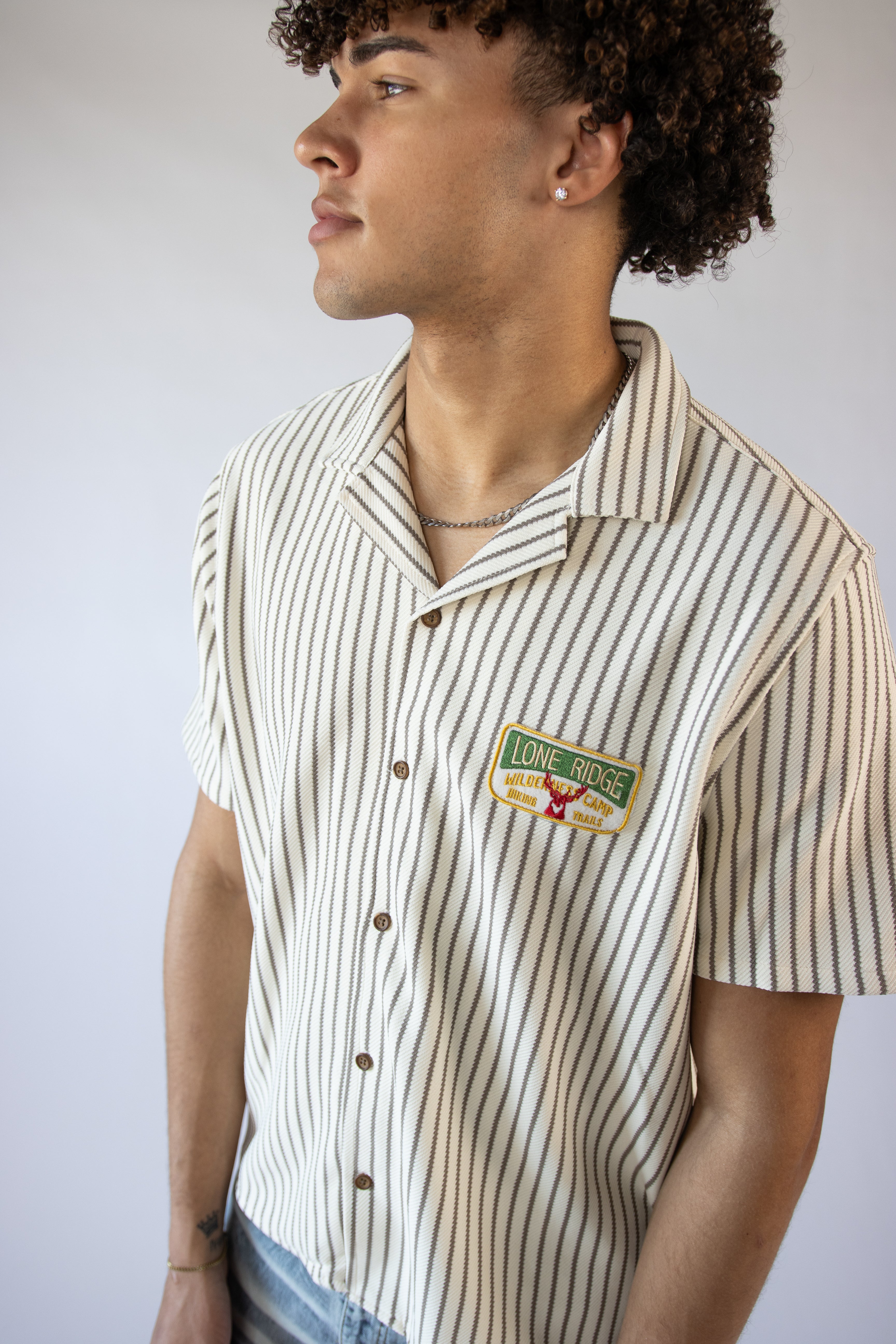 Patch Striped Textured Button Up Shirt