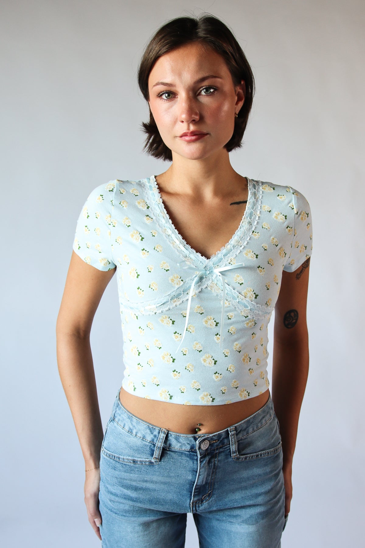Patterned Ribbon Lace Trim Tee