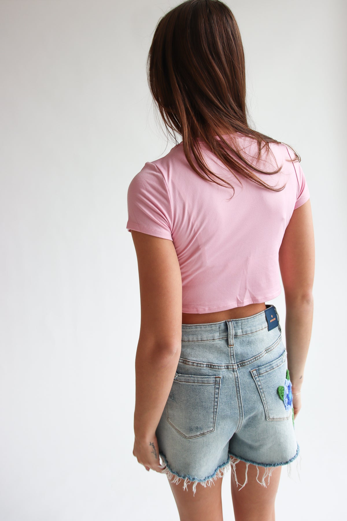 Pink Tee with Embroidered Rainbow
