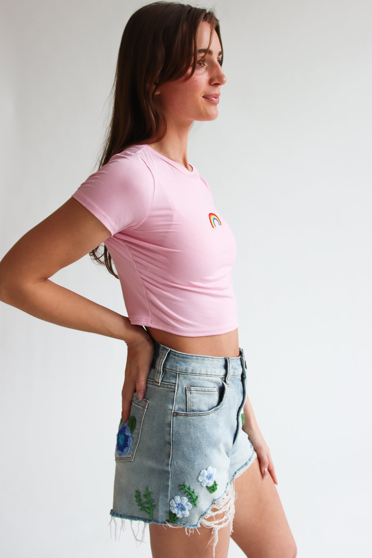 Pink Tee with Embroidered Rainbow