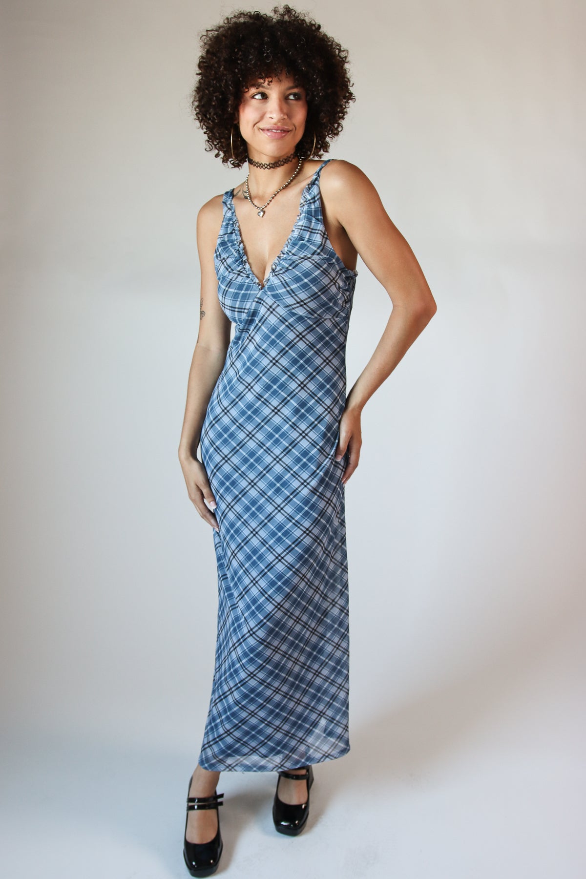 Mesh Plaid Cami Plunge Maxi Dress