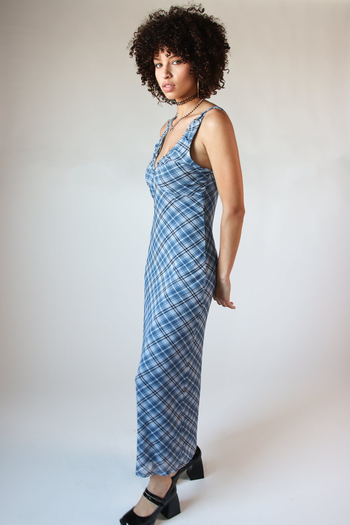 Mesh Plaid Cami Plunge Maxi Dress