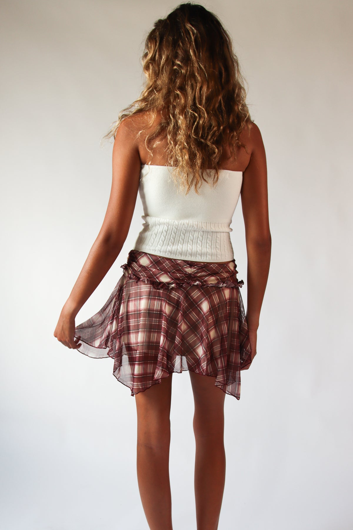 Plaid Mesh Hanky Hem Mini Skirt