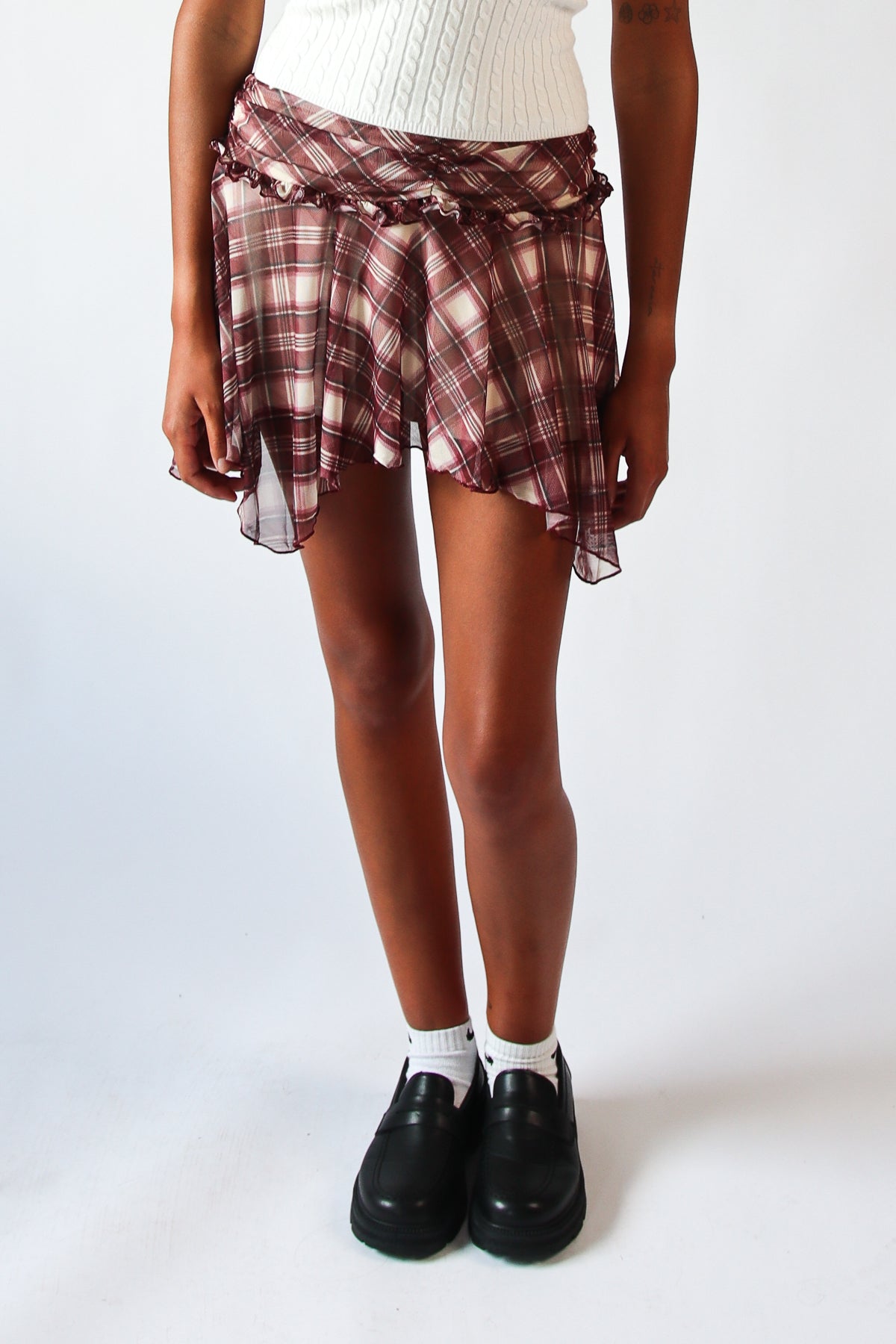 Plaid Mesh Hanky Hem Mini Skirt