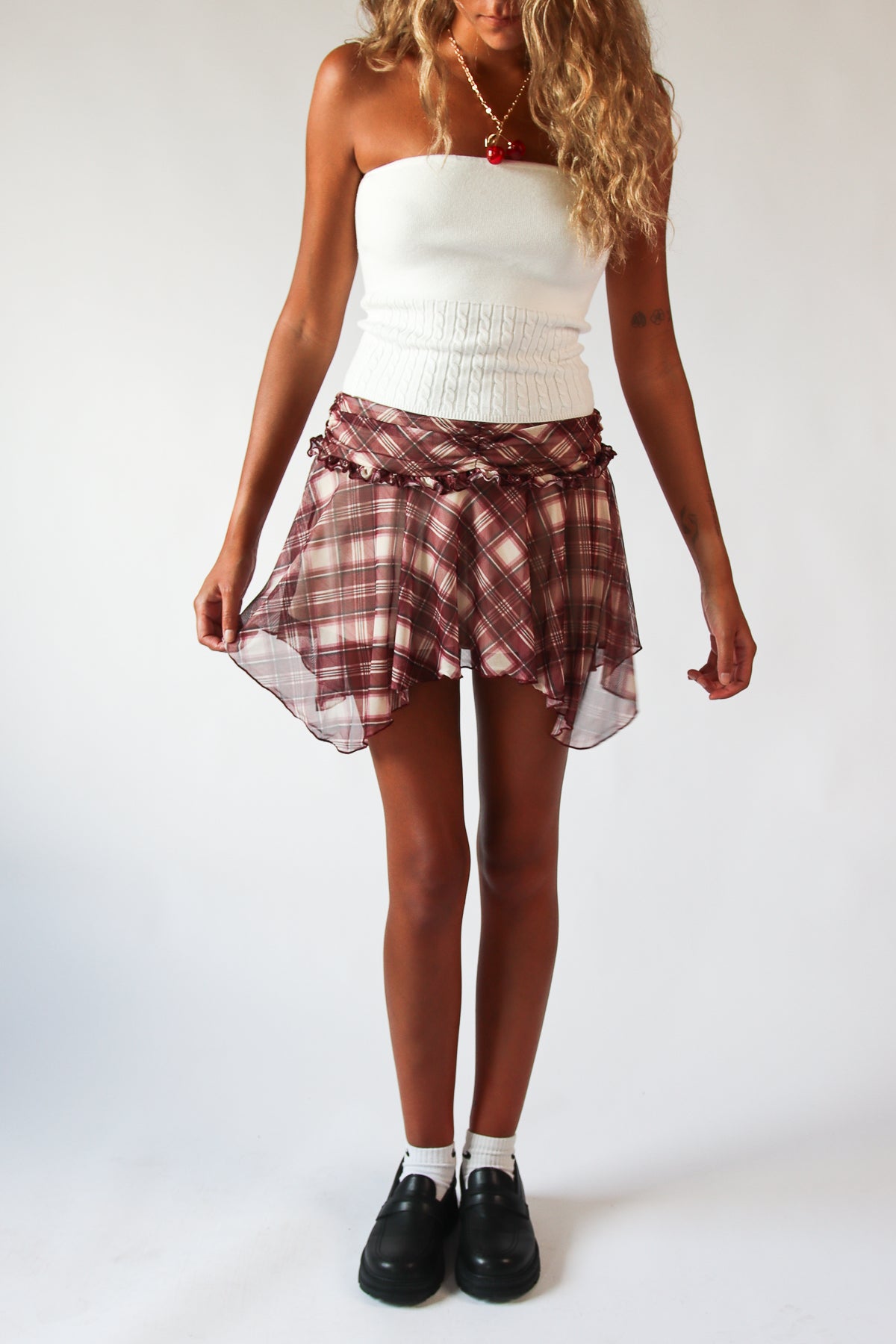 Plaid Mesh Hanky Hem Mini Skirt
