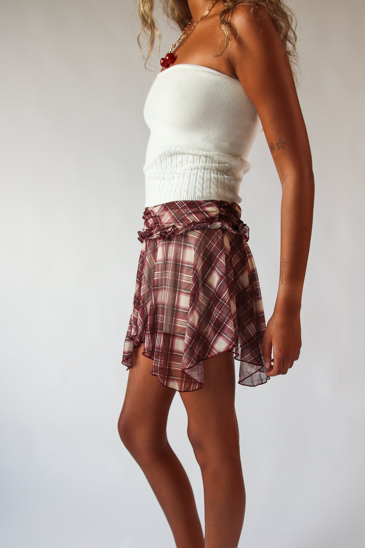 Plaid Mesh Hanky Hem Mini Skirt